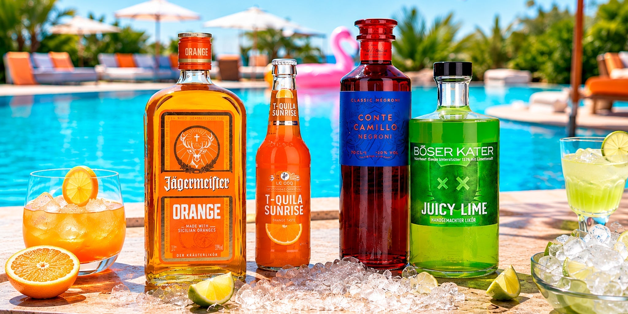 Pool party scene with Jägermeister Orange, Le Coq T-Quila Sunrise, Conte Camillo Negroni and Böser Kater Juicy Lime bottles on ice, styled with citrus cocktails by a bright summer swimming pool.