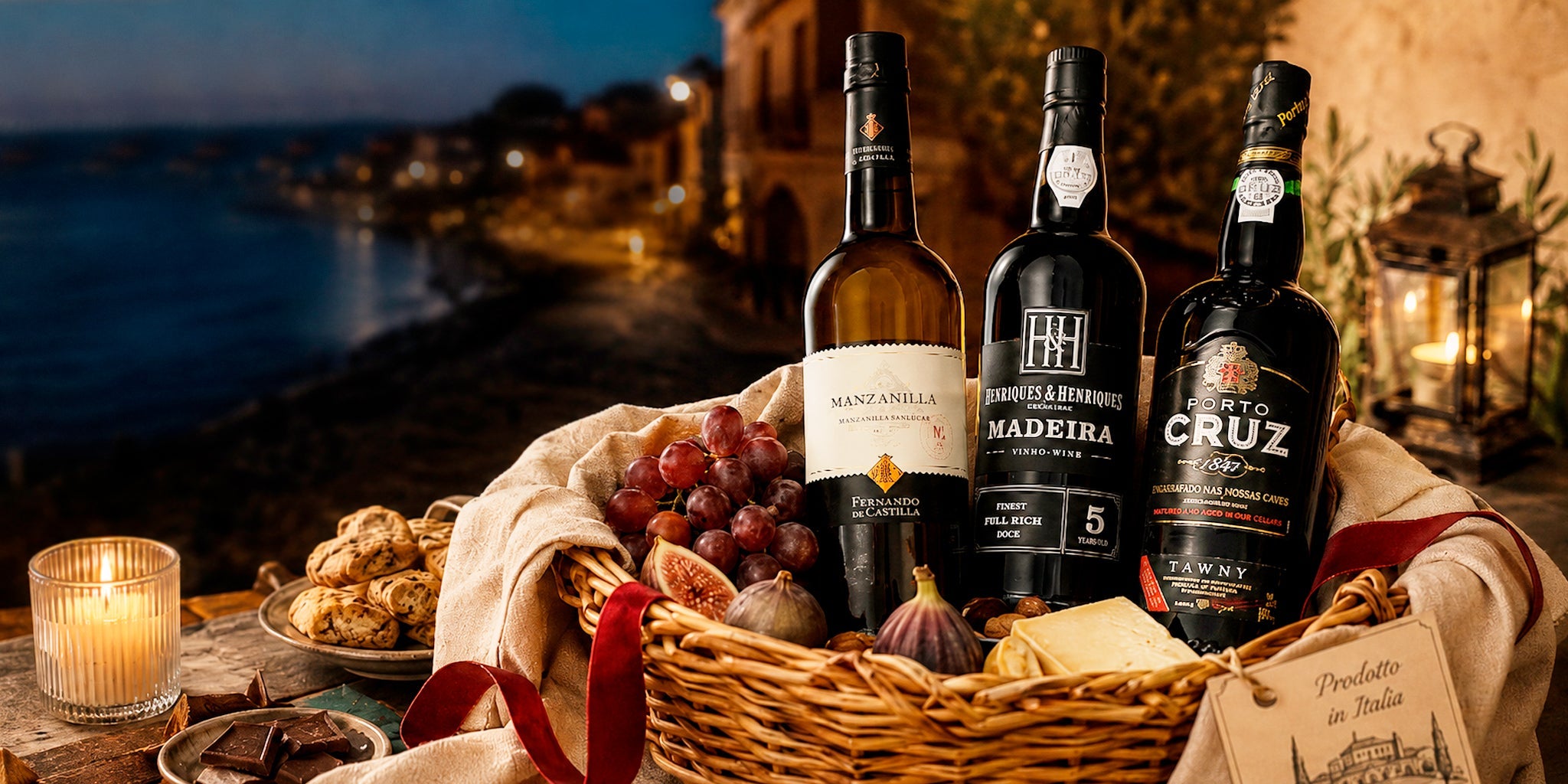 Fortified wines with port, sherry and Madeira bottles styled in a rustic basket with grapes, figs, cheese, corks and candlelight by the seaside.
