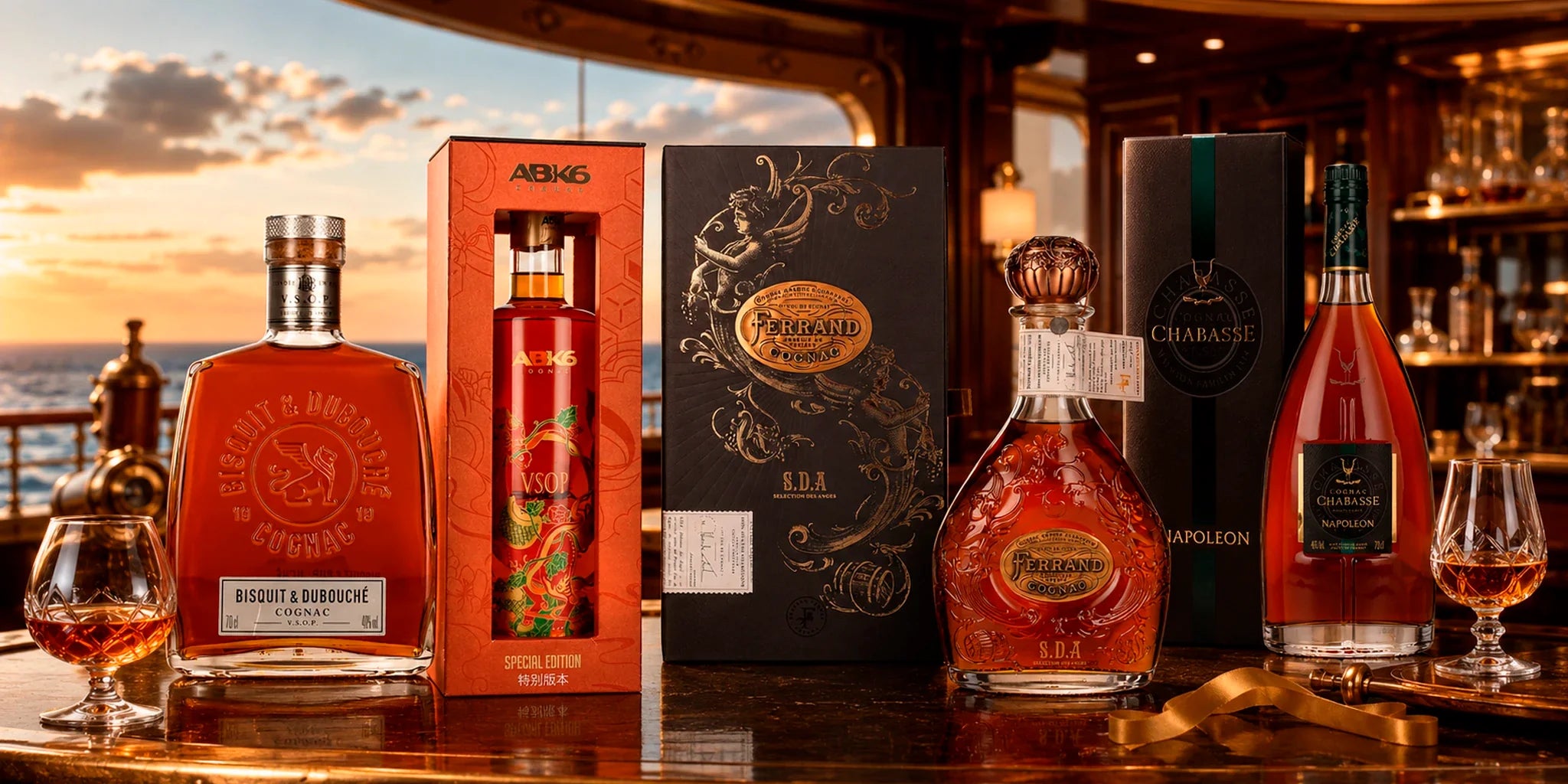 Premium cognac selection featuring Bisquit & Dubouché, ABK6, Ferrand and Chabasse bottles with gift boxes, styled on an elegant yacht bar at sunset with crystal tasting glasses and luxury golden lighting.