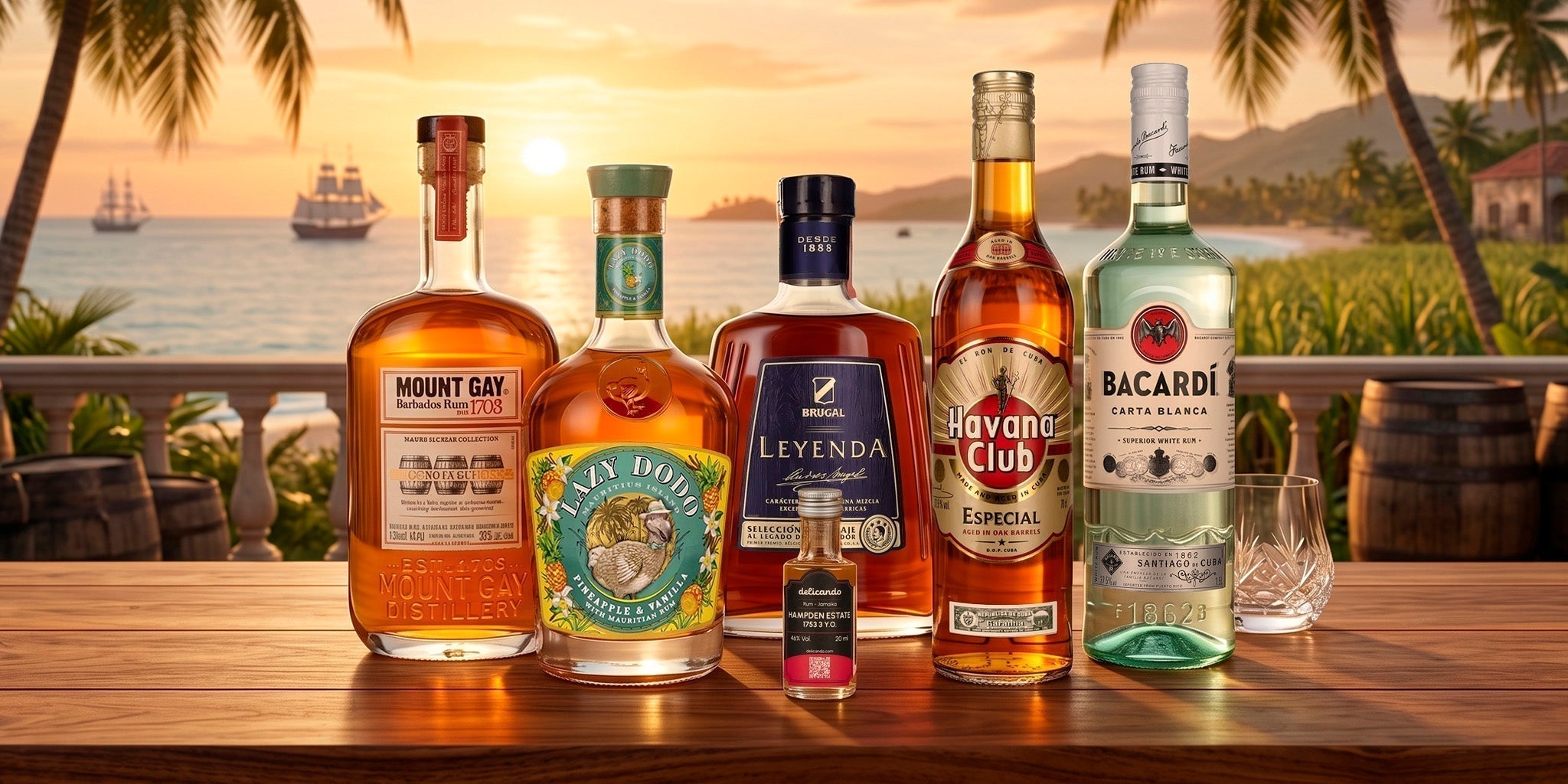 Collection of premium rum bottles from different countries, including Mount Gay, Lazy Dodo, Havana Club and Bacardi, displayed on a wooden table with a tropical ocean sunset backdrop.