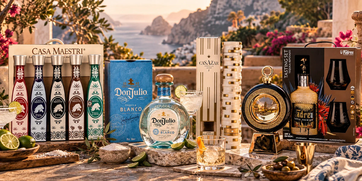 Premium tequila gift collection featuring Casa Maestri, Don Julio Blanco, Casazar Tequila Joven and Padre Azul tasting sets displayed with lime, salt and cocktails on a luxurious Mediterranean terrace.