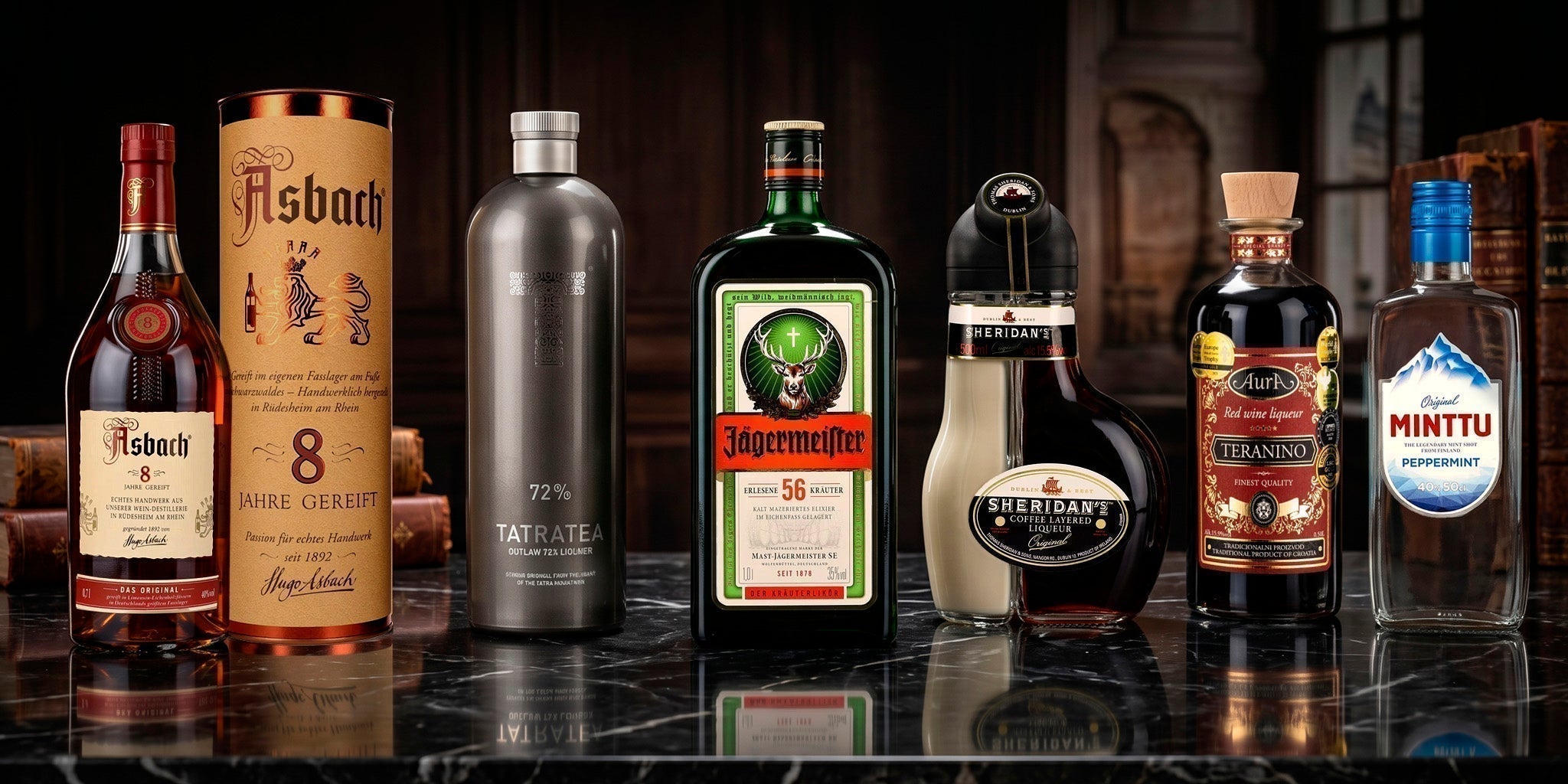 Luxury European spirits collection featuring herbal liqueurs, cream liqueurs, brandy and aperitivo bottles from MyDrinx