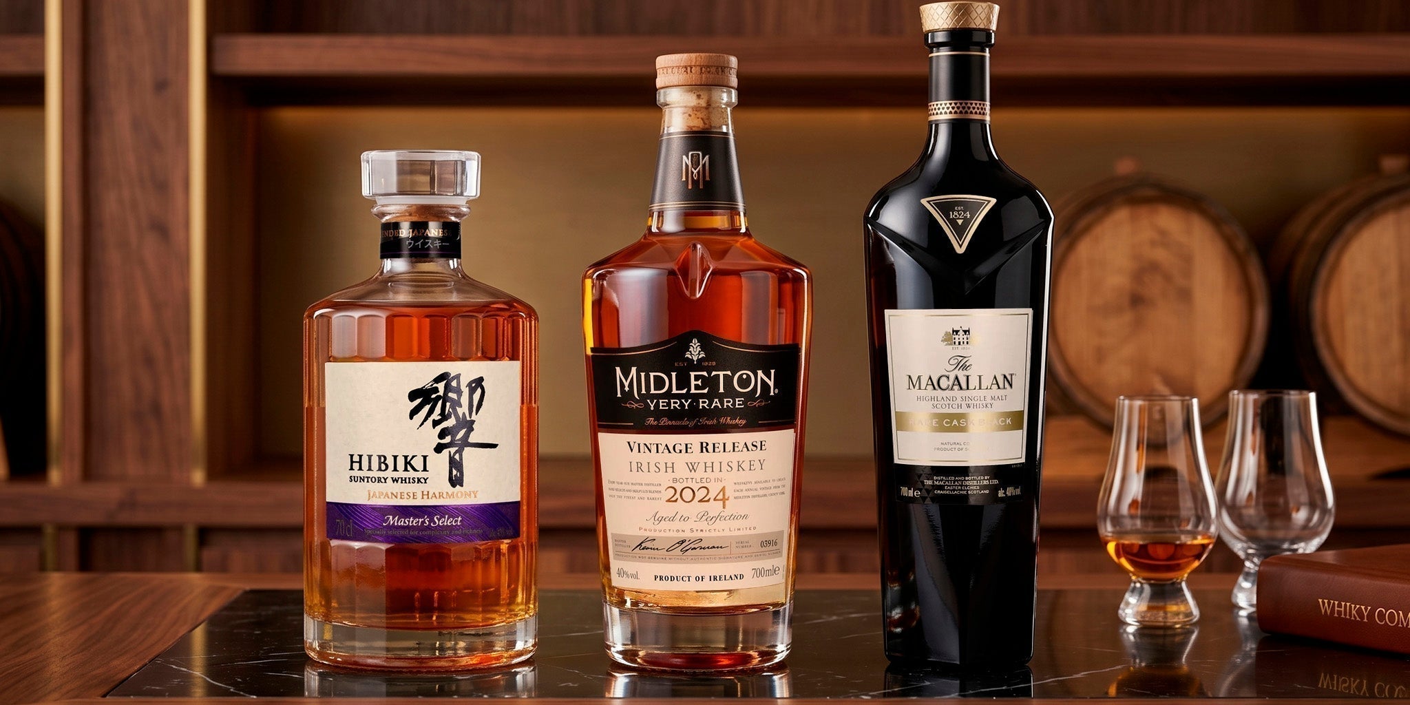 Rare whiskey collection featuring Macallan, Hibiki and Midleton bottles