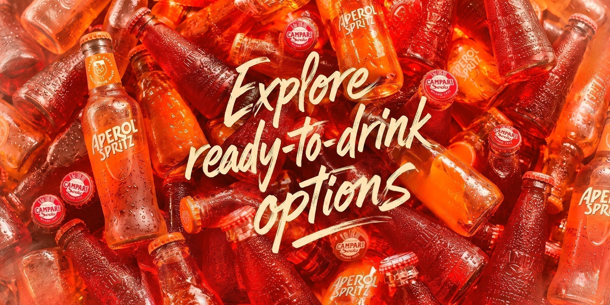Ready-to-drink aperitivo selection with Aperol Spritz and Campari Soda bottles on ice, featuring bold orange-red summer party styling.