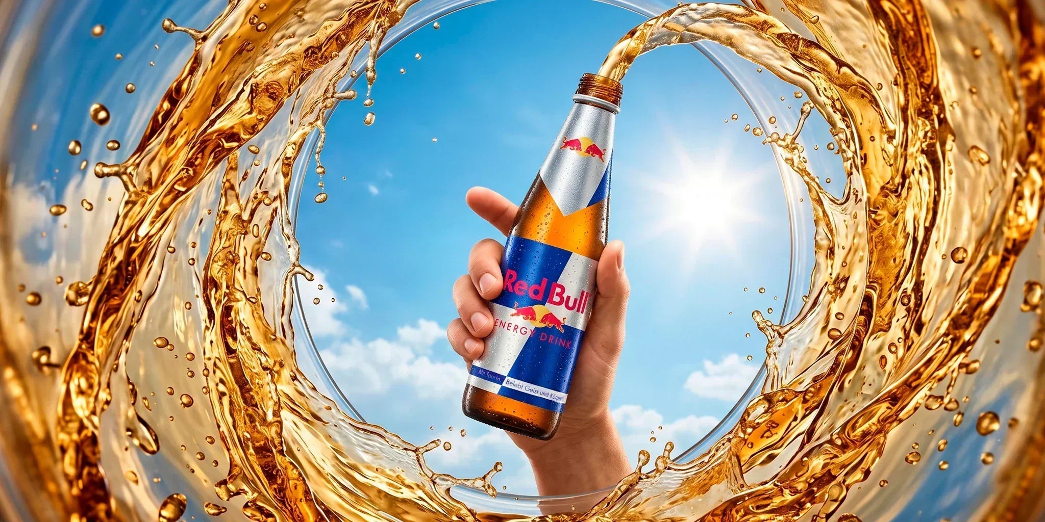Red Bull Energy Drink glass bottle held in front of a golden splash with blue sky and bright summer energy styling.