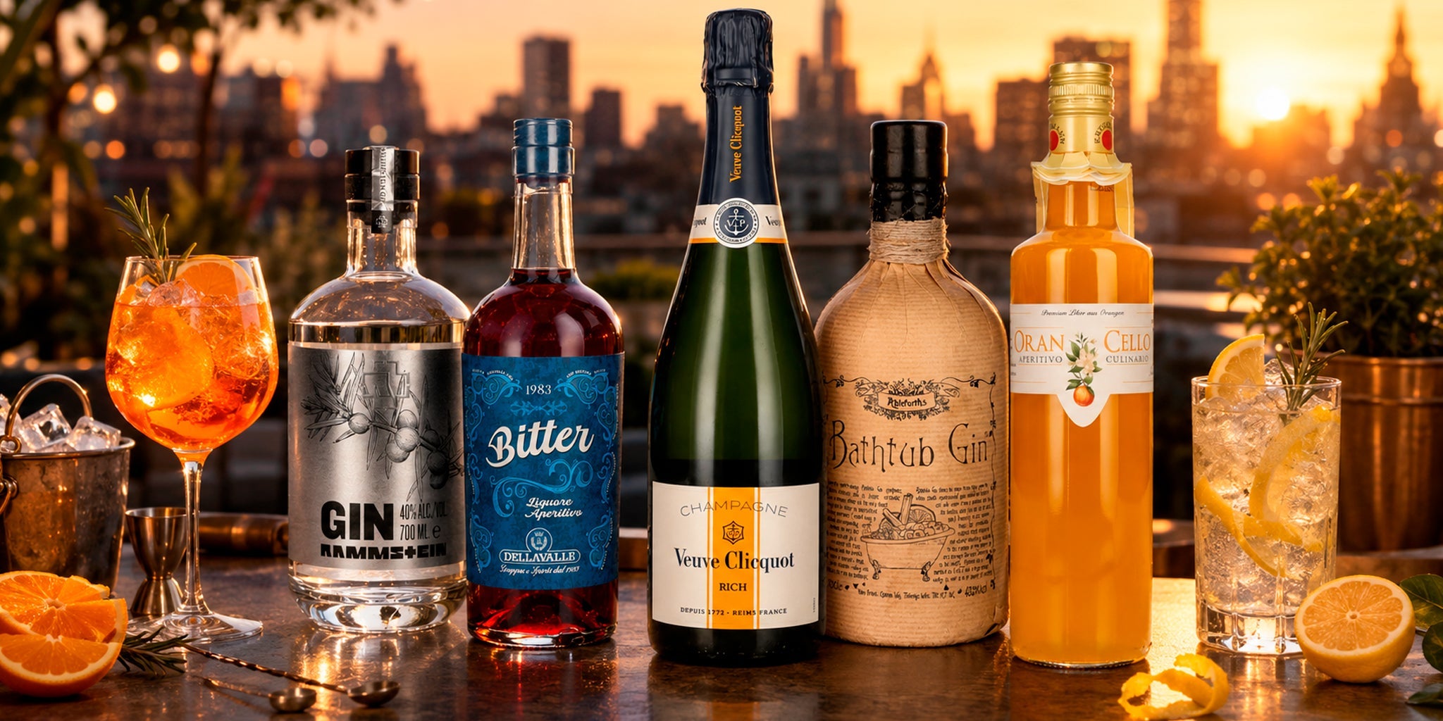 Rooftop summer drinks scene with Dellavalle Bitter, Veuve Clicquot Rich Champagne, Bathtub Gin, Orancello aperitivo and cocktails at sunset with city skyline.