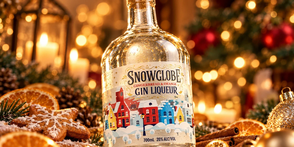 Snowglobe Orange & Gingerbread Gin Liqueur Light-Up 20% 0.7L bottle surrounded by gingerbread cookies, dried oranges, cinnamon sticks, candles and festive Christmas decorations.
