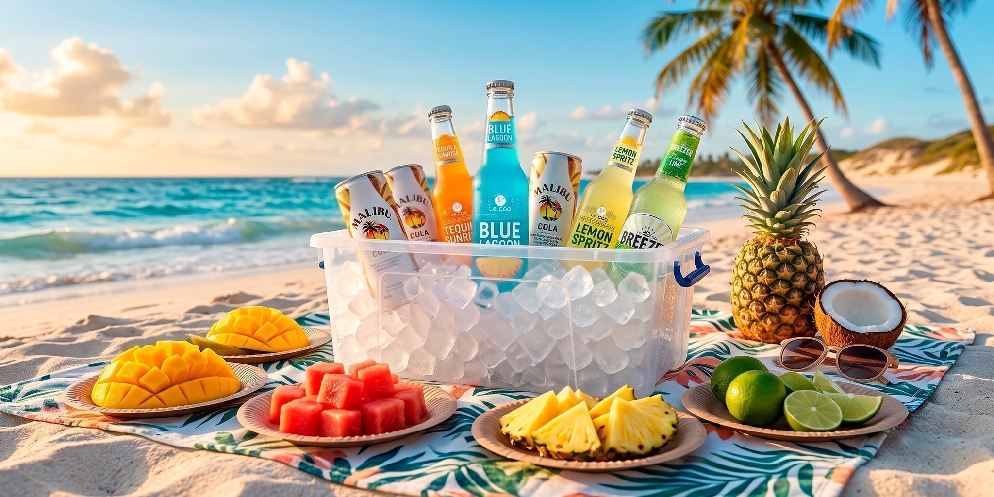 Summer cocktail bottles chilled in an ice cooler on a tropical beach with Malibu Cola, Le Coq Blue Lagoon, Lemon Spritz, Breezer lime and fresh fruit.