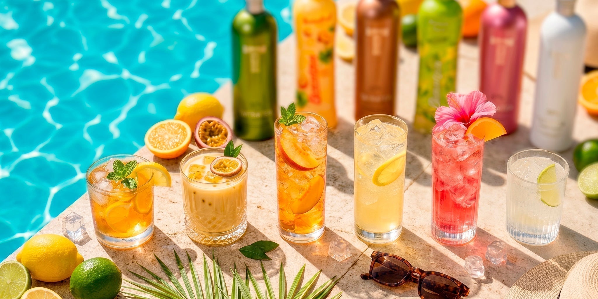 Summer cocktail bottles with colorful poolside drinks, citrus, ice and tropical garnishes for spritzes and highballs