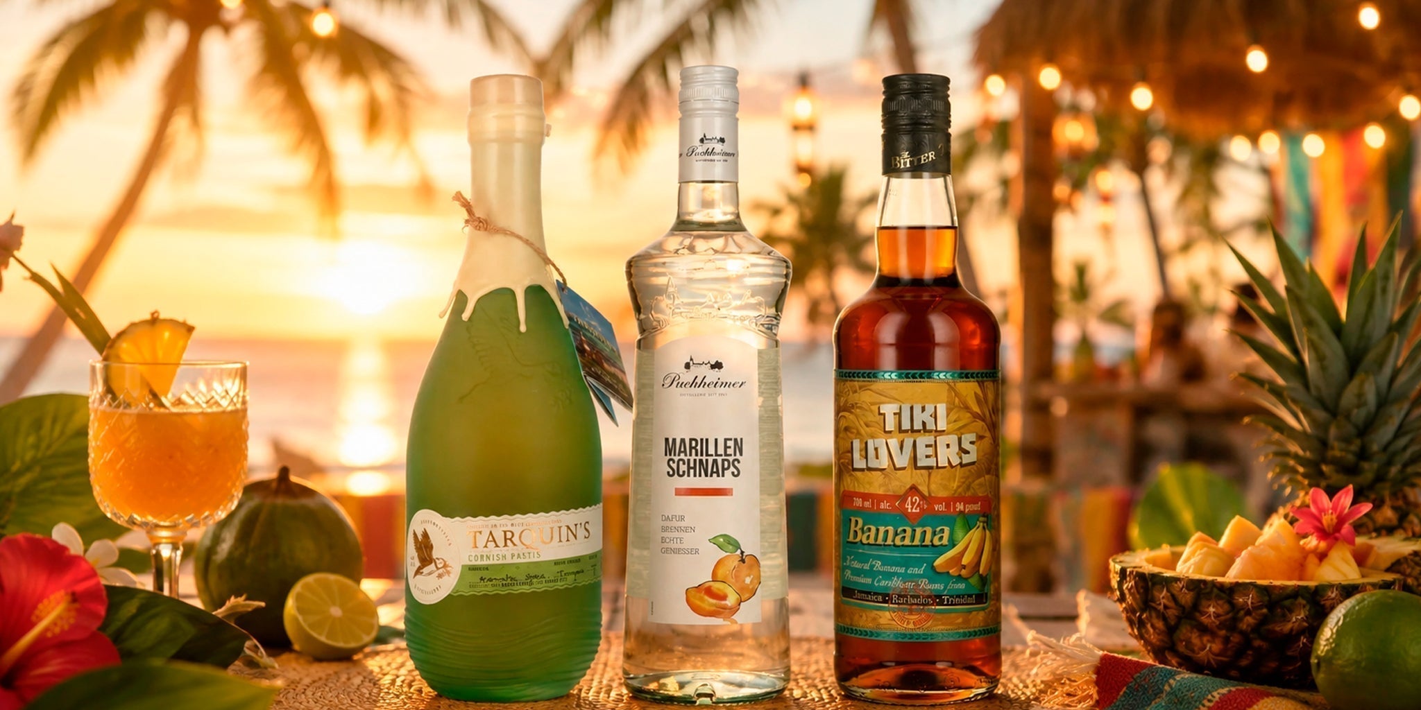 Beach picnic spirits cooler with Tiki Lovers Banana, Puchheimer Marillen Schnaps and Tarquin’s Cornish Pastis styled with ice, citrus, pineapple, apricots, summer cocktails, beach towels and a stylish seaside picnic setup.