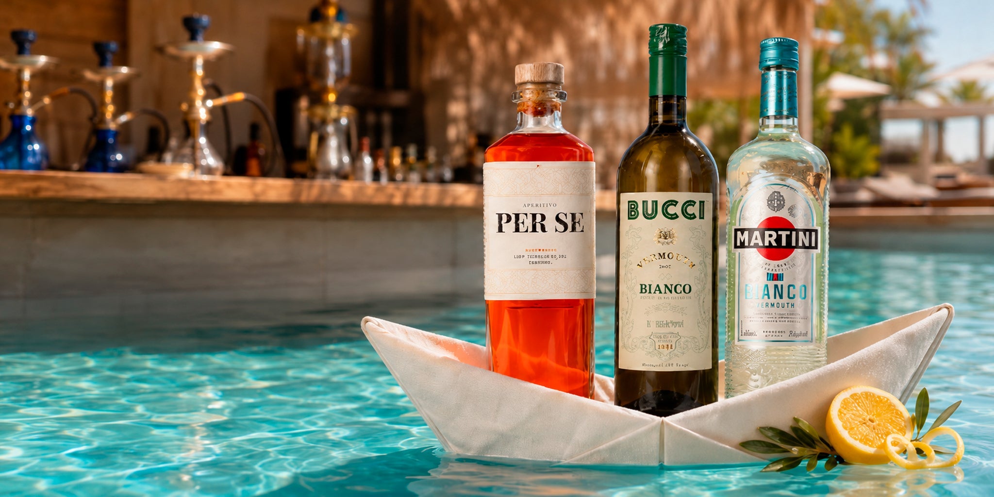 Vermouth bottles including Per Se, Bucci Bianco and Martini Bianco served on a floating tray in a pool with citrus garnish and resort bar styling.