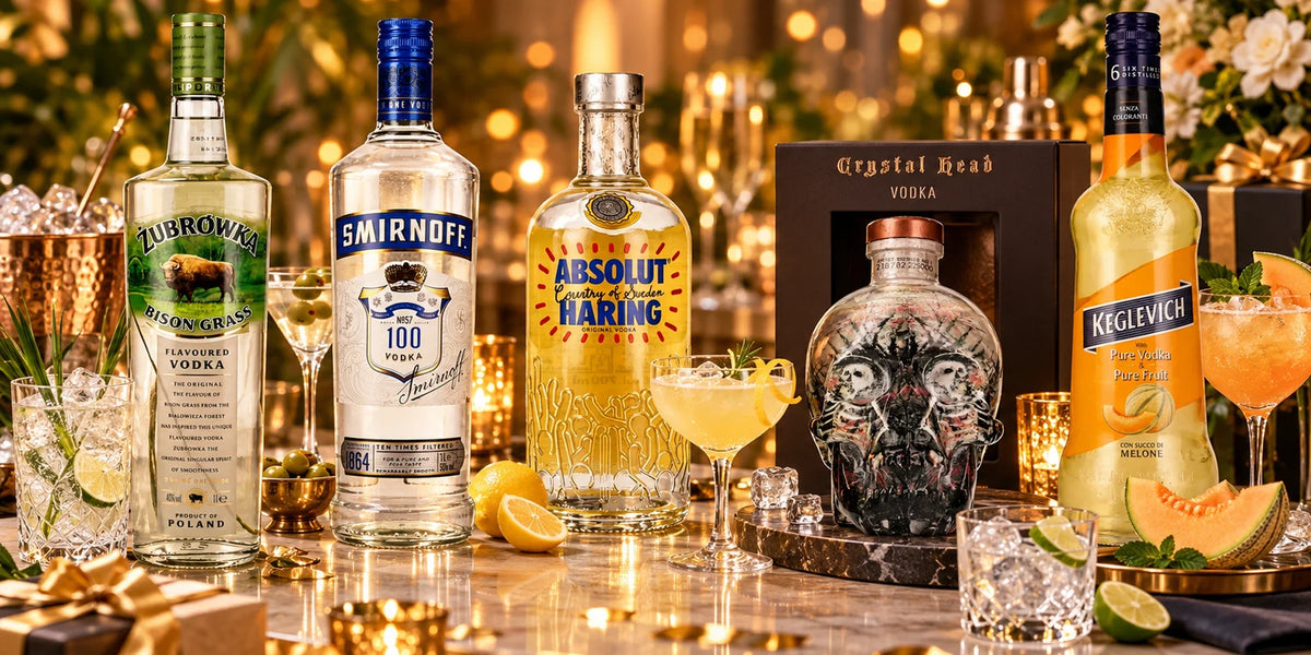 Vodka selection featuring Żubrówka Bison Grass, Smirnoff 100, Absolut Haring, Crystal Head and Keglevich Melon bottles with cocktails, citrus and elegant gift styling.
