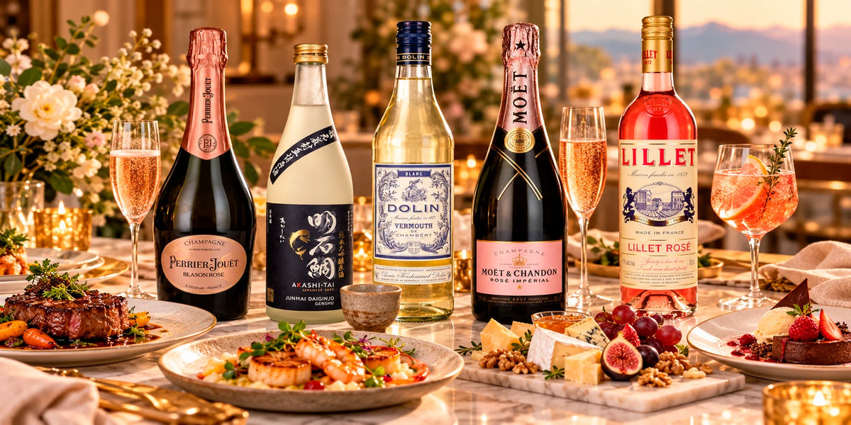 Wine pairing selection featuring Perrier-Jouët Blason Rosé, Akashi-Tai Junmai Daiginjo sake, Dolin Vermouth de Chambéry Blanc, Moët & Chandon Rosé Impérial and Lillet Rosé served with steak, seafood, cheese and dessert.