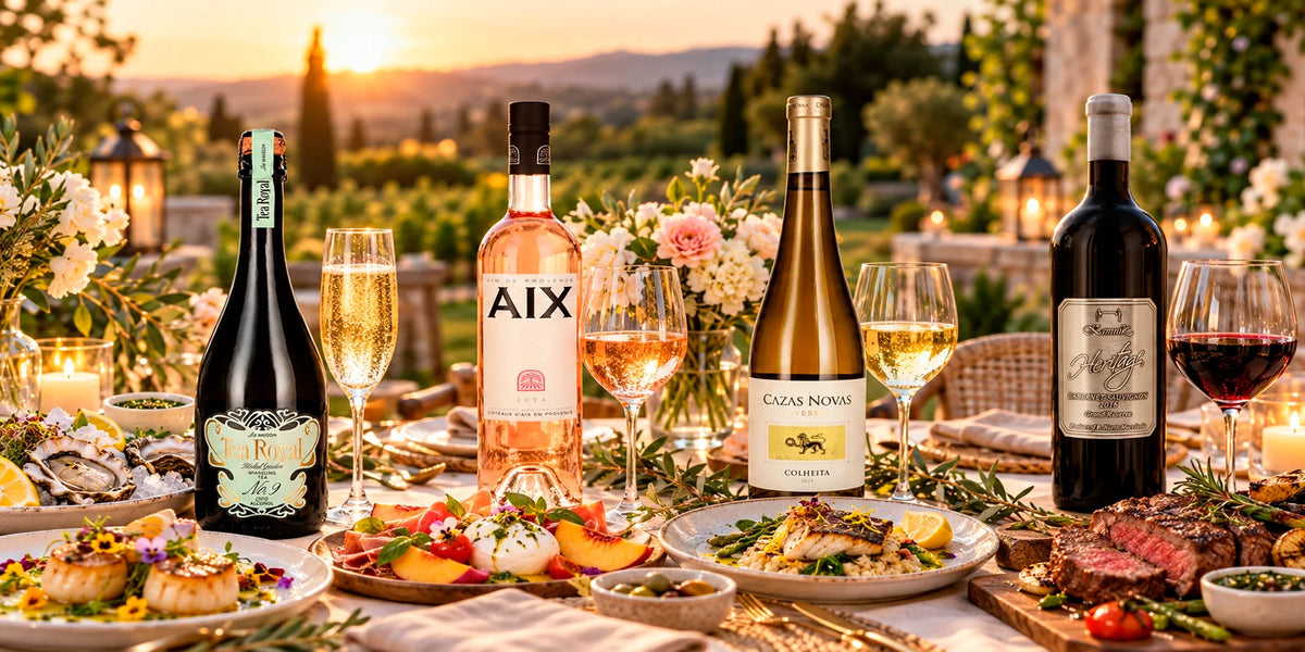 Elegant wine pairing table featuring Tea Royal No. 9 sparkling tea, AIX Provence Rosé 2024, Cazas Novas Avesso Colheita 2024 and Kamnik Heritage Cabernet Sauvignon, served with seafood, burrata, fish and grilled steak at sunset.