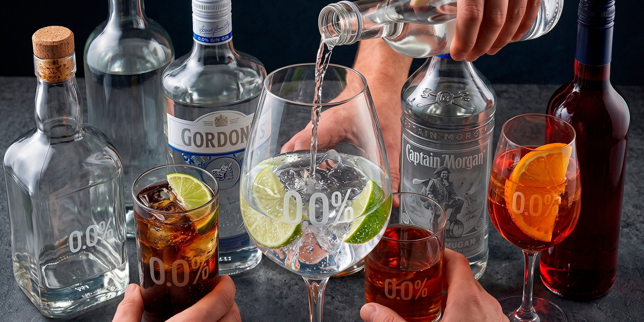 Alcohol-free drinks and zero-proof spirits with Bottega Sparkling Life, Beefeater 0.0, Undone Barista Espresso, La Maison Tea Royal and Pallini Limonzero styled for a modern home bar.
