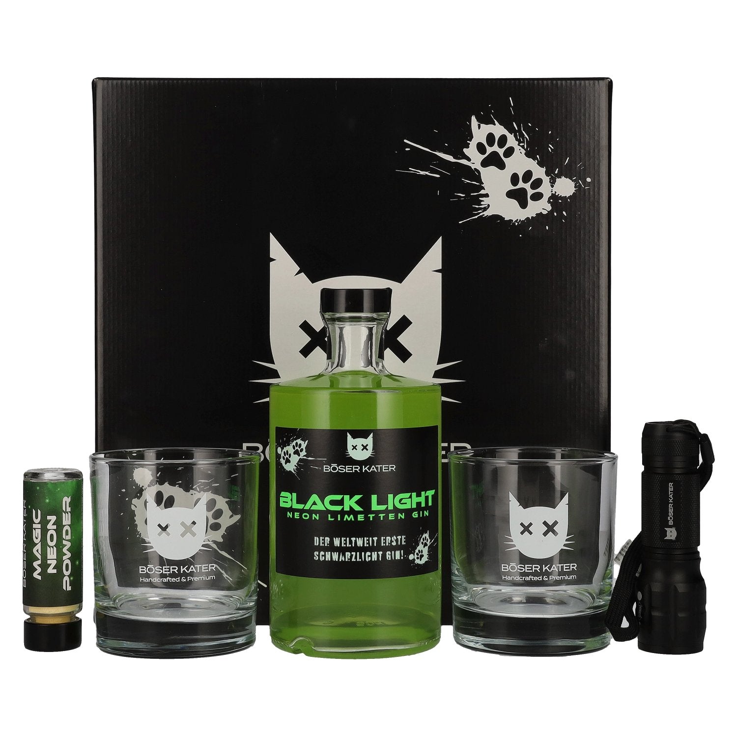 BOeSER KATER Black Light Neon Limetten Gin 40% Vol. 0,5l in Giftbox with UV-Taschenlampe & glasses