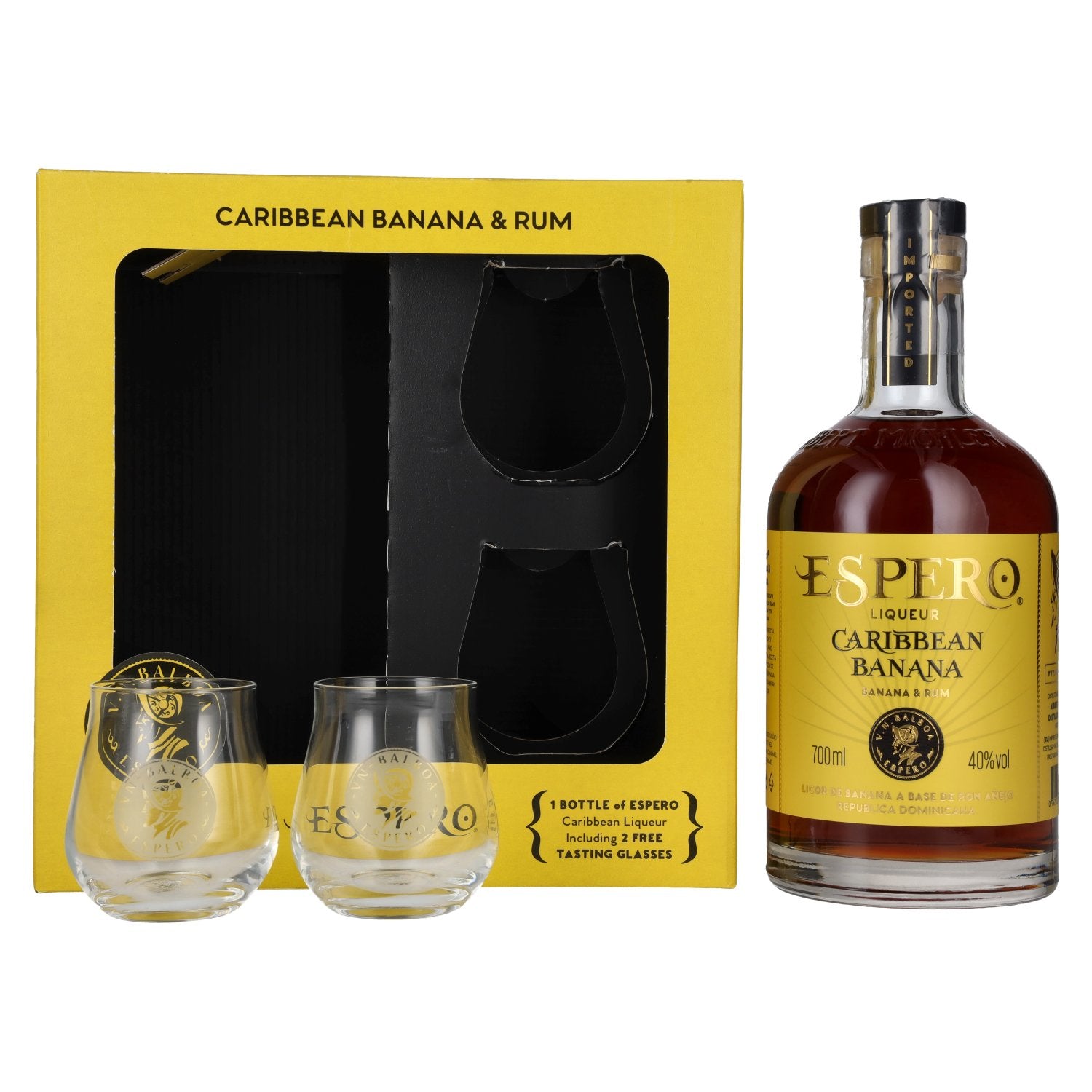 Ron Espero Caribbean Banana Rum Liqueur 40% Vol. 0,7l in Giftbox with 2 glasses