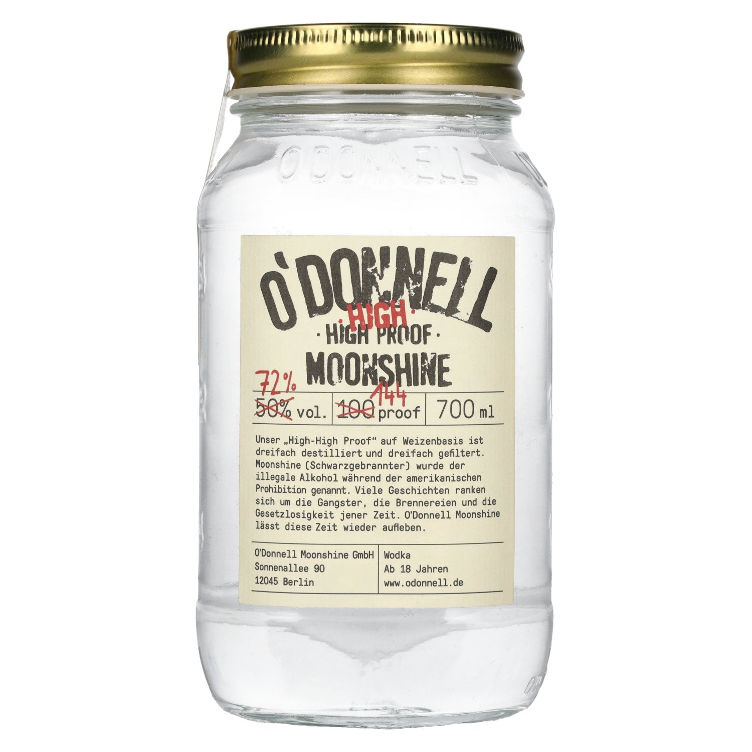 O'Donnell Moonshine HIGH HIGH PROOF Weizenbrand 72% Vol. 0,7l