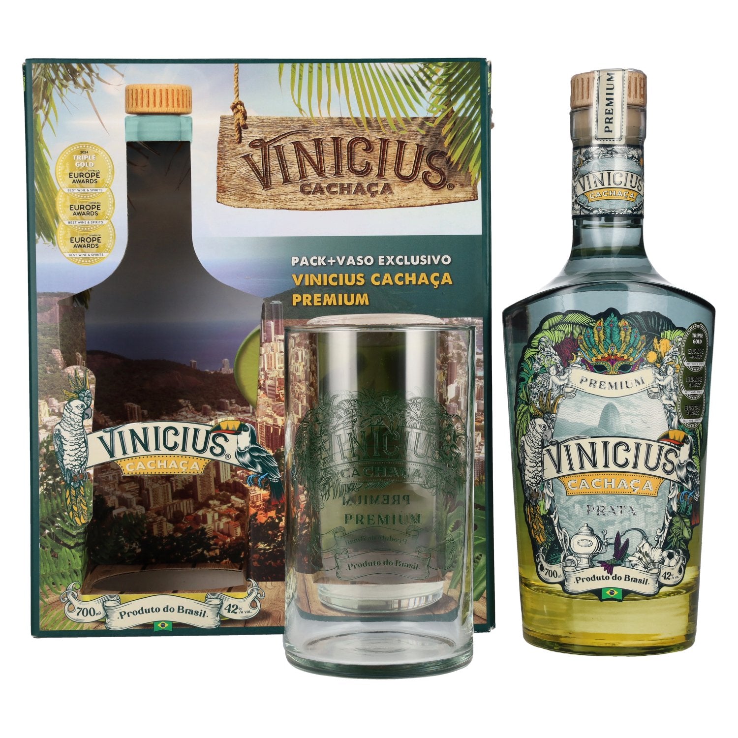 VINICIUS Premium Cachaca Prata 42% Vol. 0,7l in Giftbox with glass
