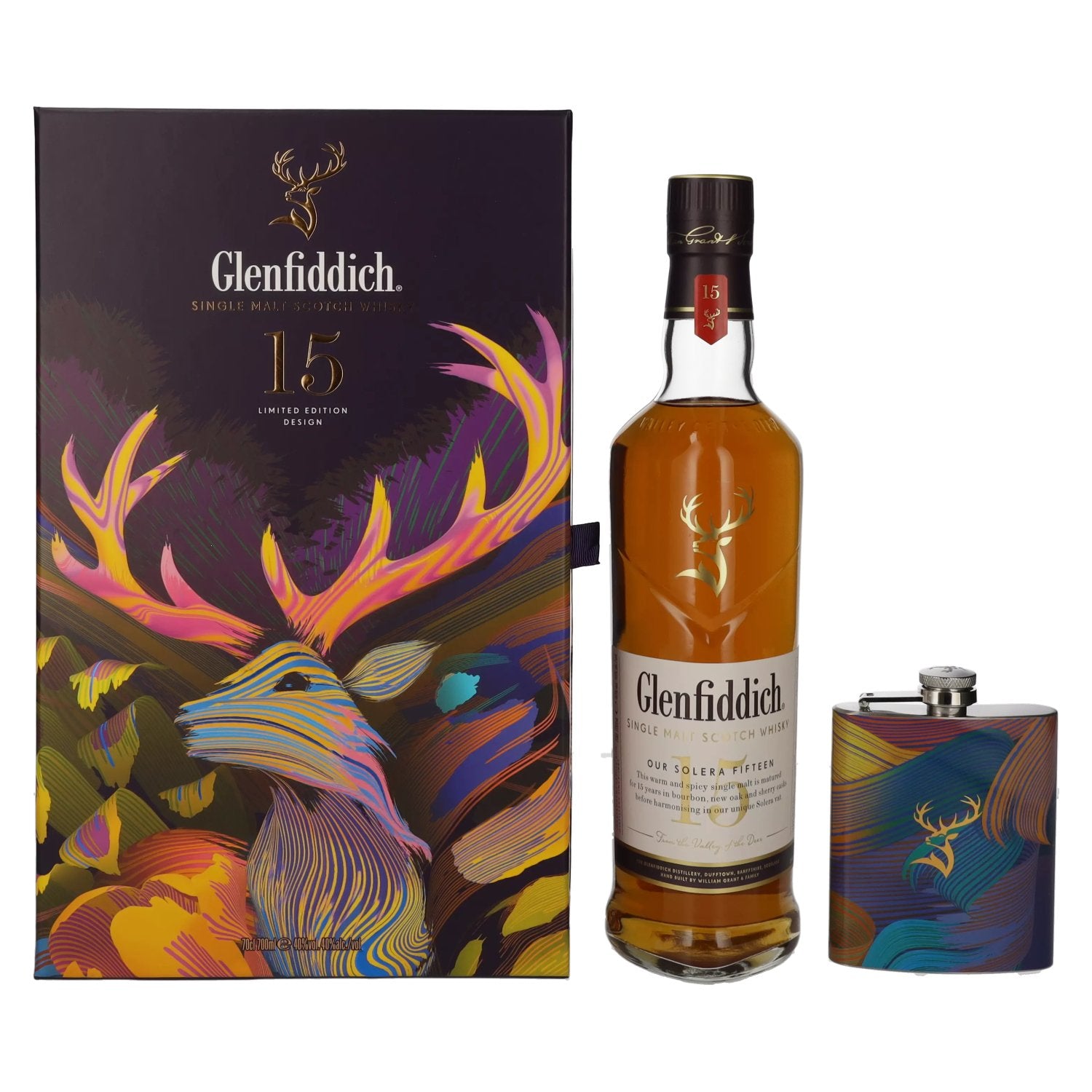 Glenfiddich 15 OUR SOLERA Single Malt Scotch Whisky 40% Vol. 0,7l in Giftbox with Flachmann