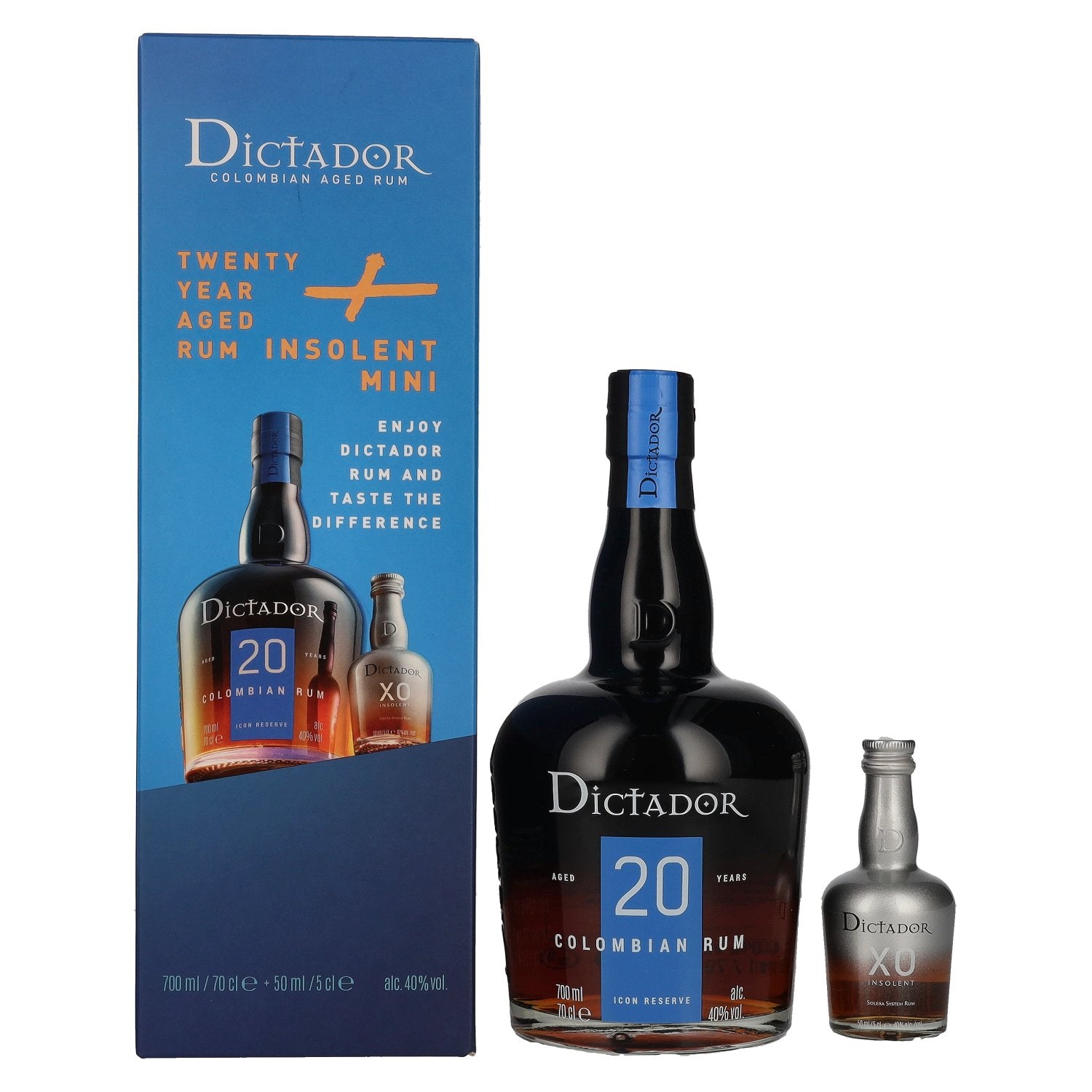 Dictador 20 Years Old ICON RESERVE Colombian Rum 40% Vol. 0,7l in Giftbox with Dictador XO Insolent Miniatur 0,05l