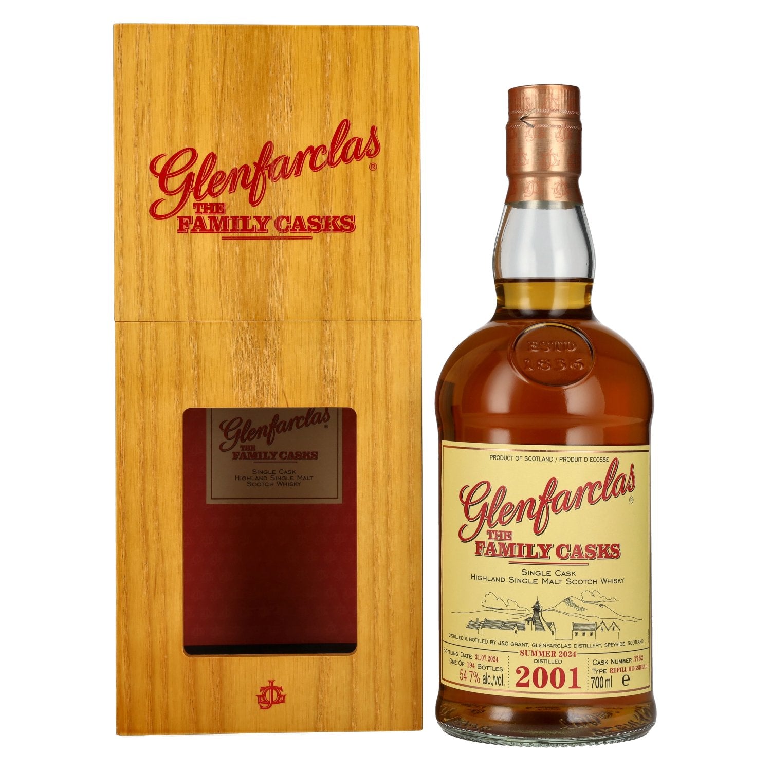 Glenfarclas THE FAMILY CASKS Single Cask SUMMER 2024 Refill Hogshead #3762 2001 54,7% Vol. 0,7l in Holzkiste