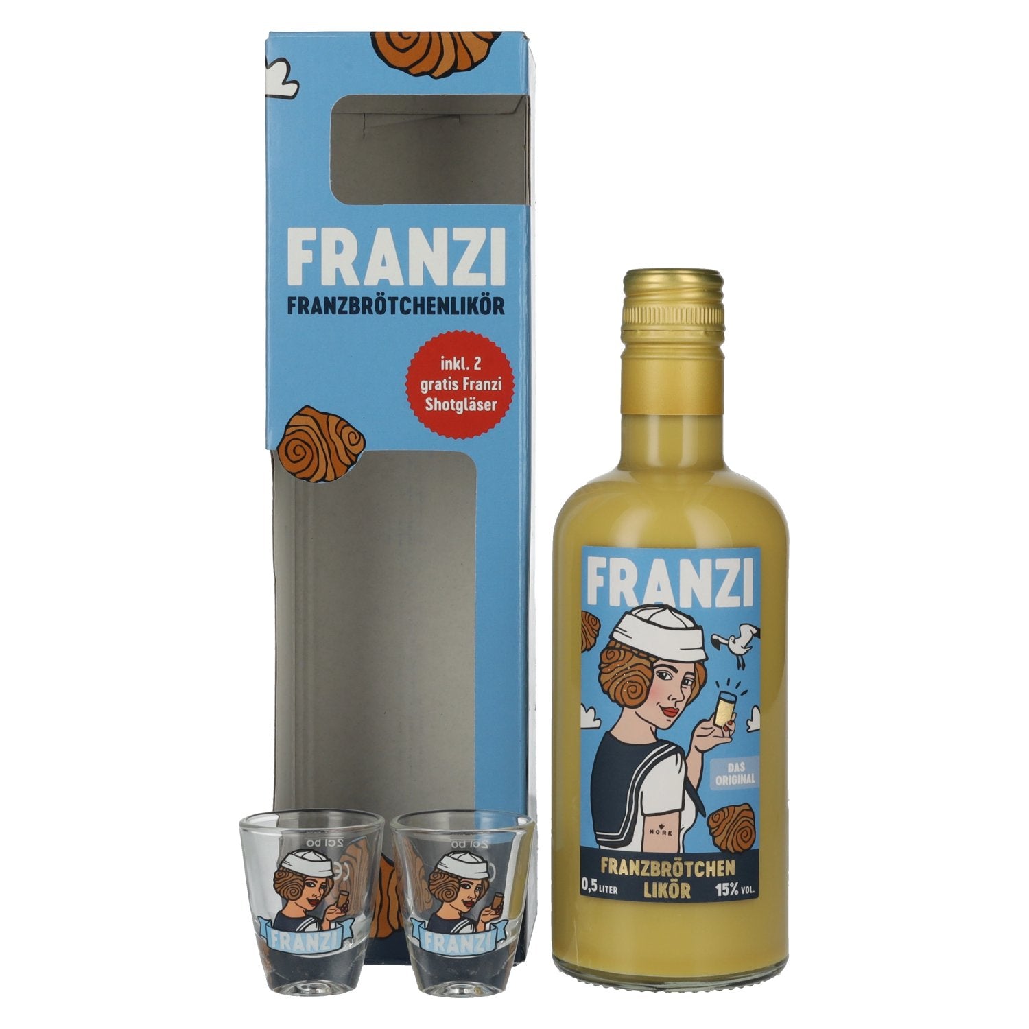 Franzi Franzbroetchen Likoer 15% Vol. 0,5l in Giftbox with 2 Shotglaeser