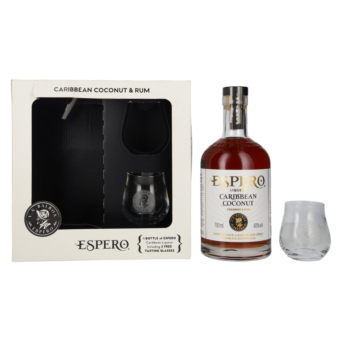 Ron Espero Caribbean Coconut & Rum Liqueur 40% Vol. 0,7l in Giftbox with 2 glasses