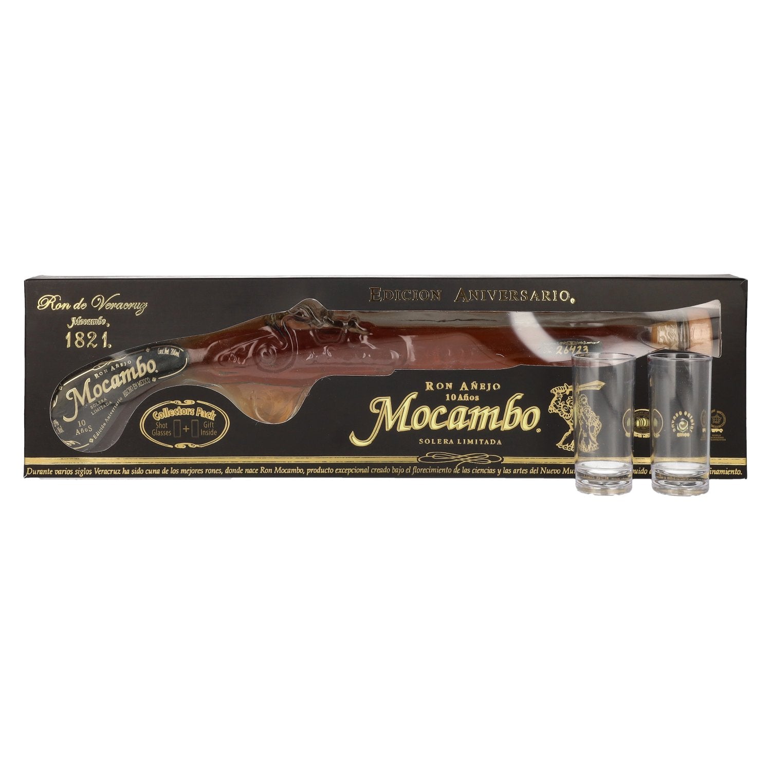 Mocambo Ron Anejo 10 Years Solera Limitada Edicion Anniversario Buccaneer Pistol 38% Vol. 0,2l in Giftbox with 2 Shotglaesern