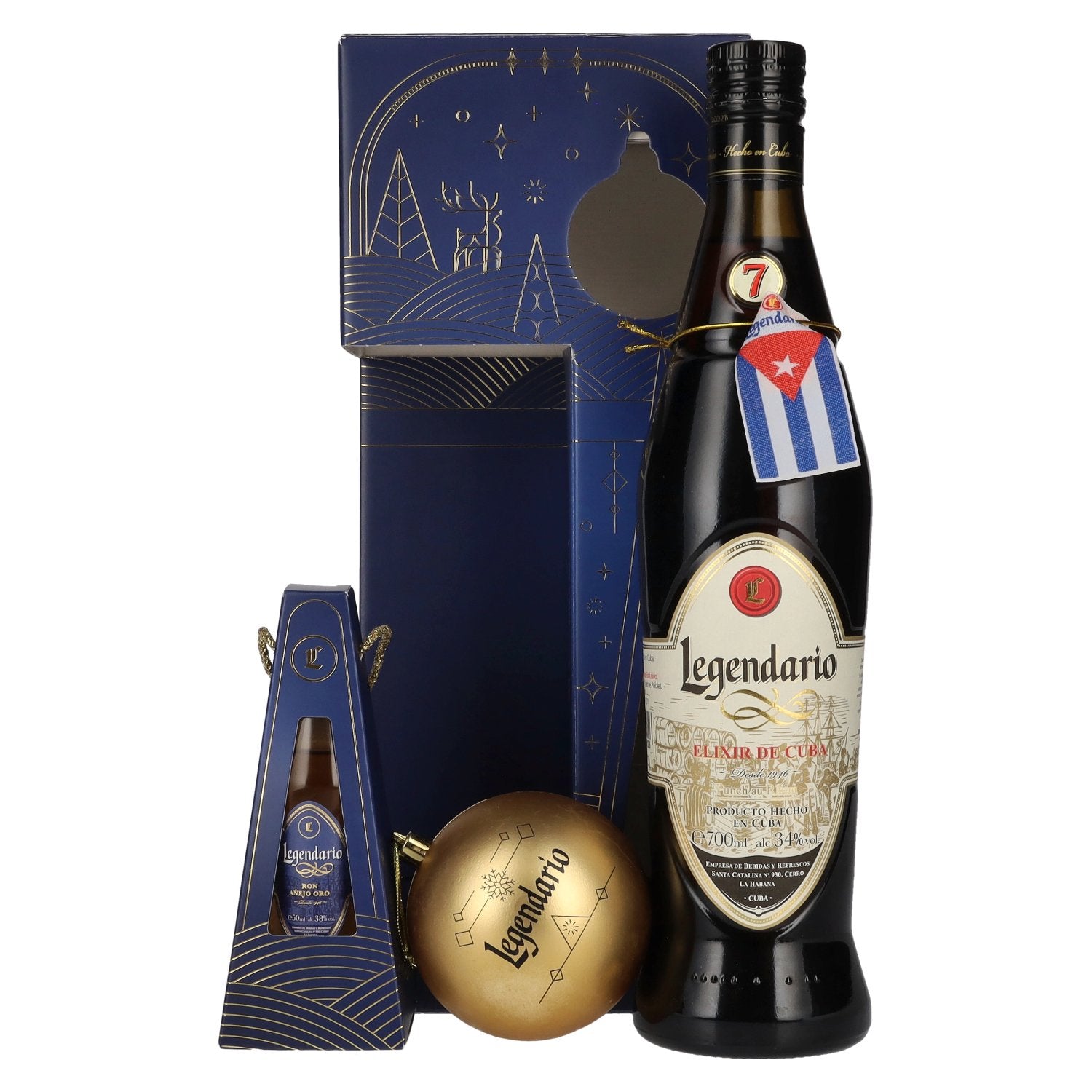 Legendario Elixir de Cuba Felices Fiestas 34,3% Vol. 0,7l in Giftbox with 1 Miniatur 0,05l and Weihnachtskugel