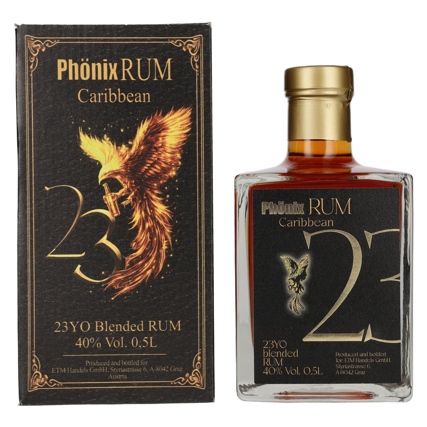 Phoenix 23 Years Old Blended Caribbean Rum Black Design 40% Vol. 0,5l in Giftbox
