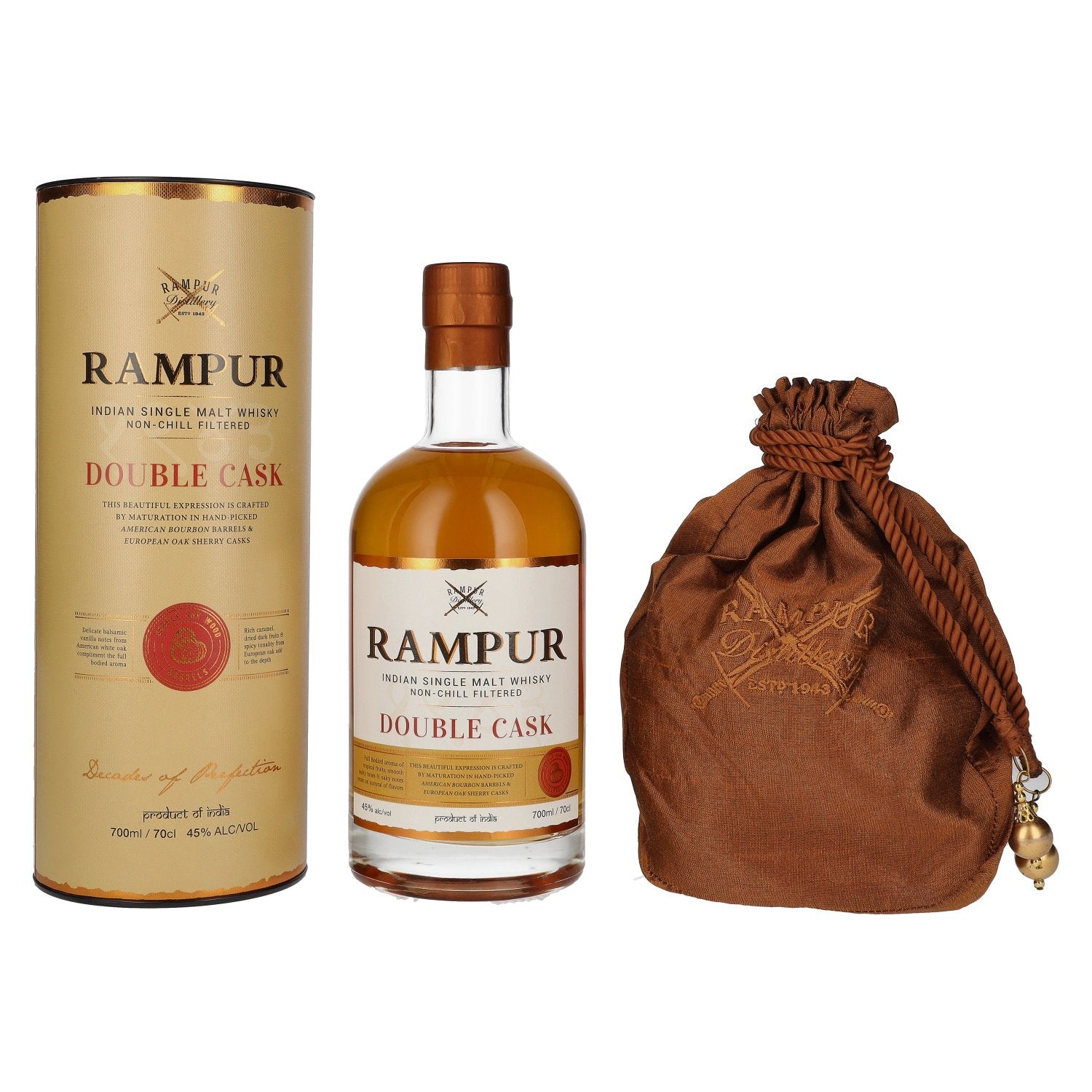 Rampur DOUBLE CASK Indian Single Malt Whisky 45% Vol. 0,7l in Giftbox with Saeckchen