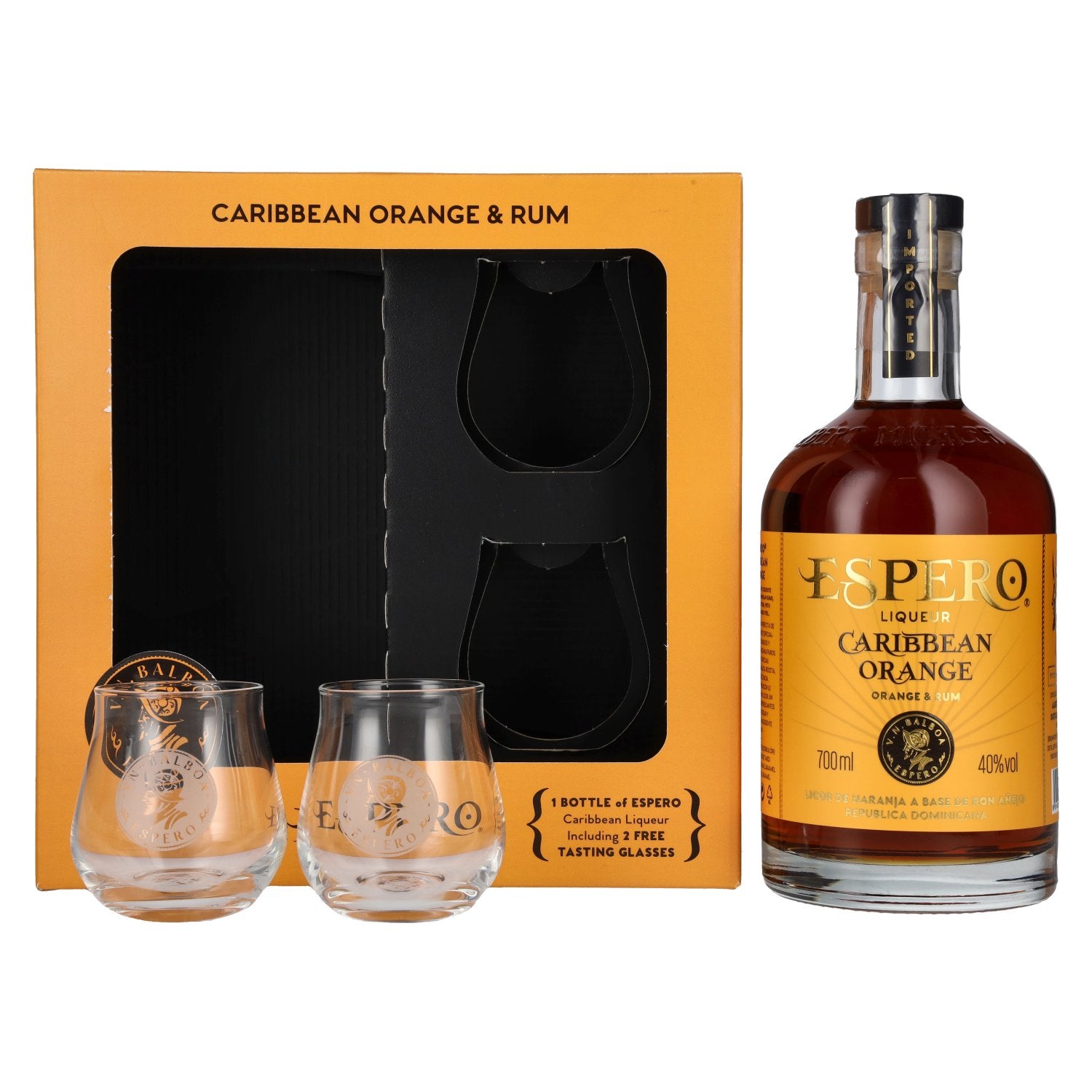Ron Espero Caribbean Orange Liqueur 40% Vol. 0,7l in Giftbox with 2 glasses
