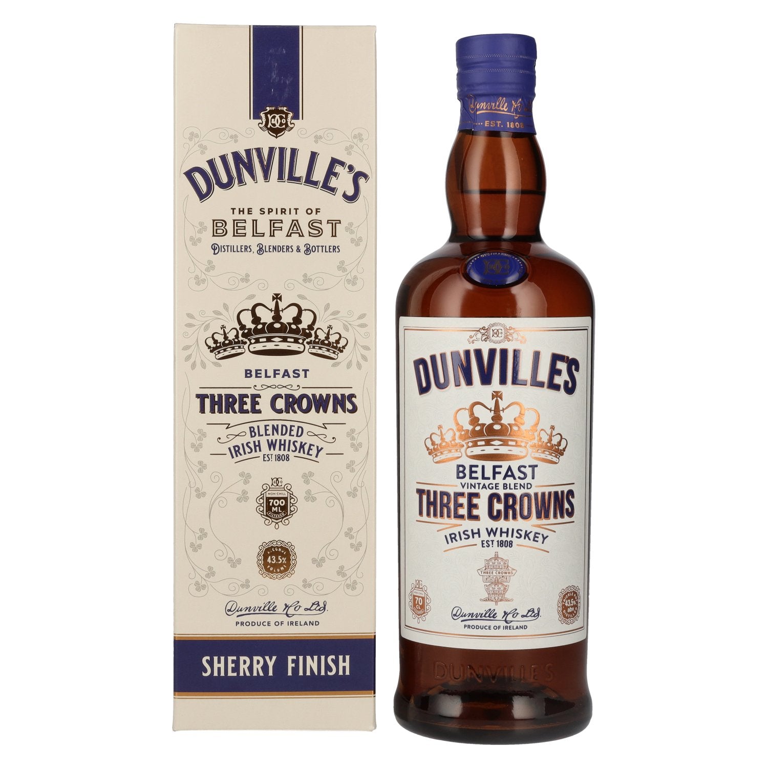 Dunville's THREE CROWNS Belfast Blended Irish Sherry Finish Whiskey 43,5% Vol. 0,7l in Giftbox