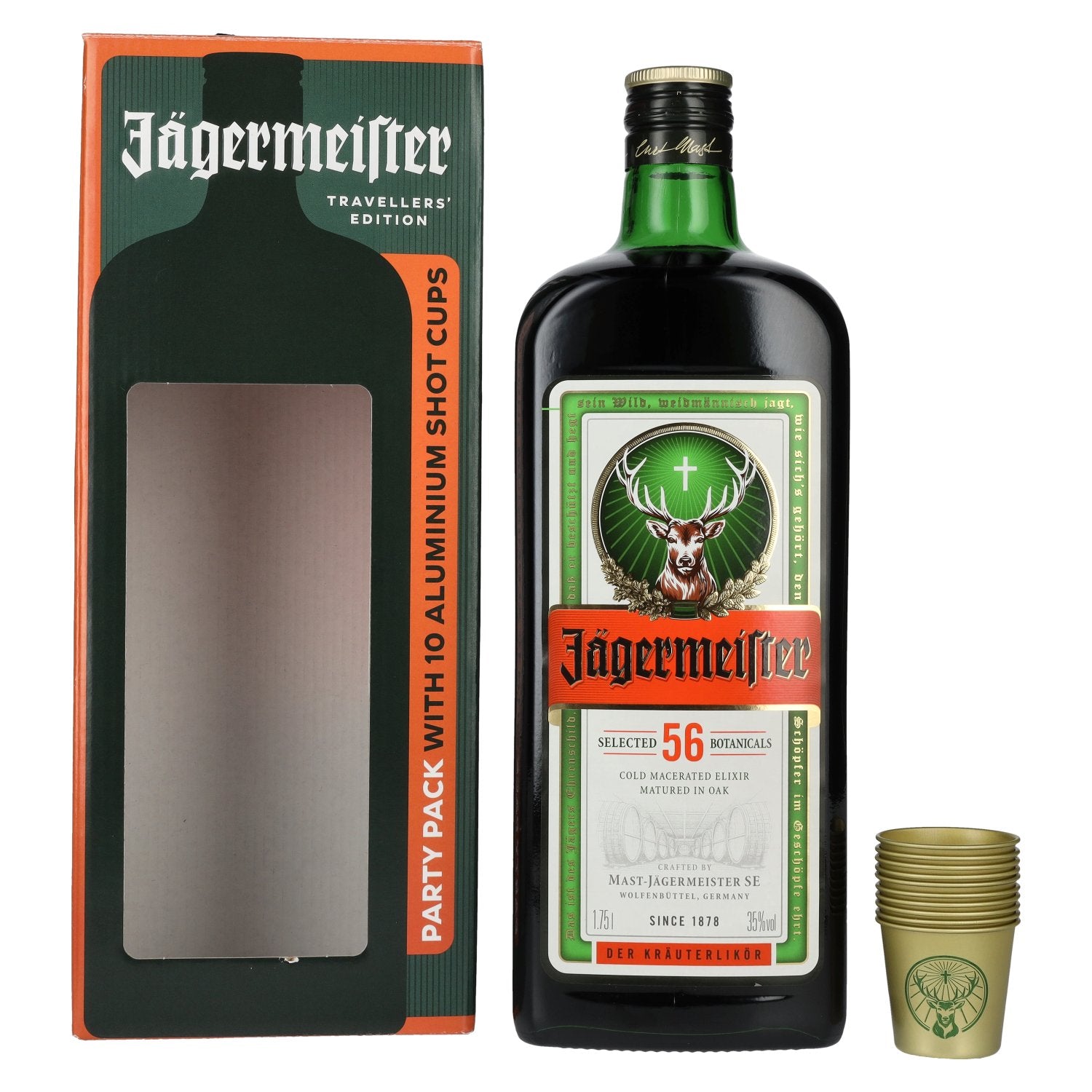 Jaegermeister TRAVELLERS' EXCLUSIVE 35% Vol. 1,75l in Giftbox with 10 Metal Shot Cups