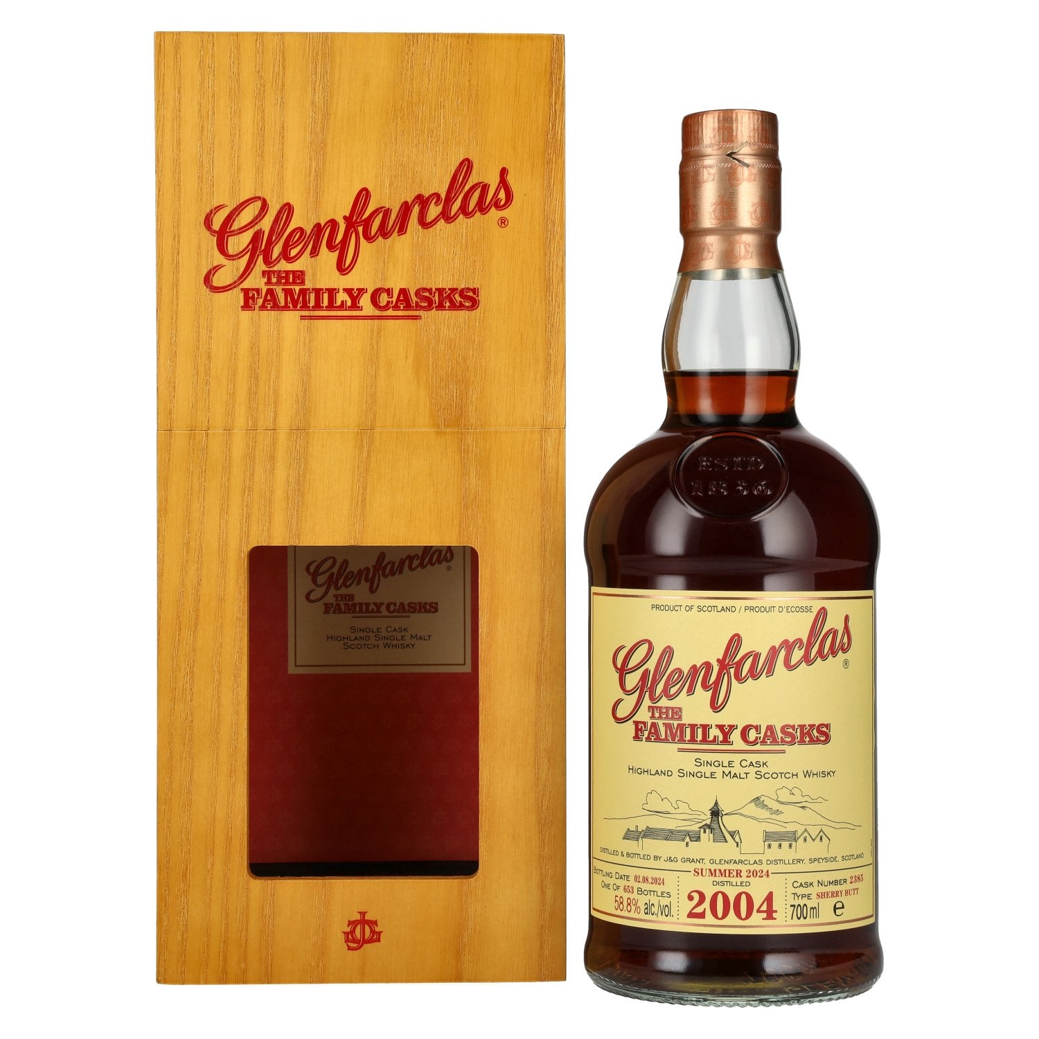 Glenfarclas THE FAMILY CASKS Single Cask SUMMER 2024 Sherry Butt #2385 2004 58,8% Vol. 0,7l in Holzkiste