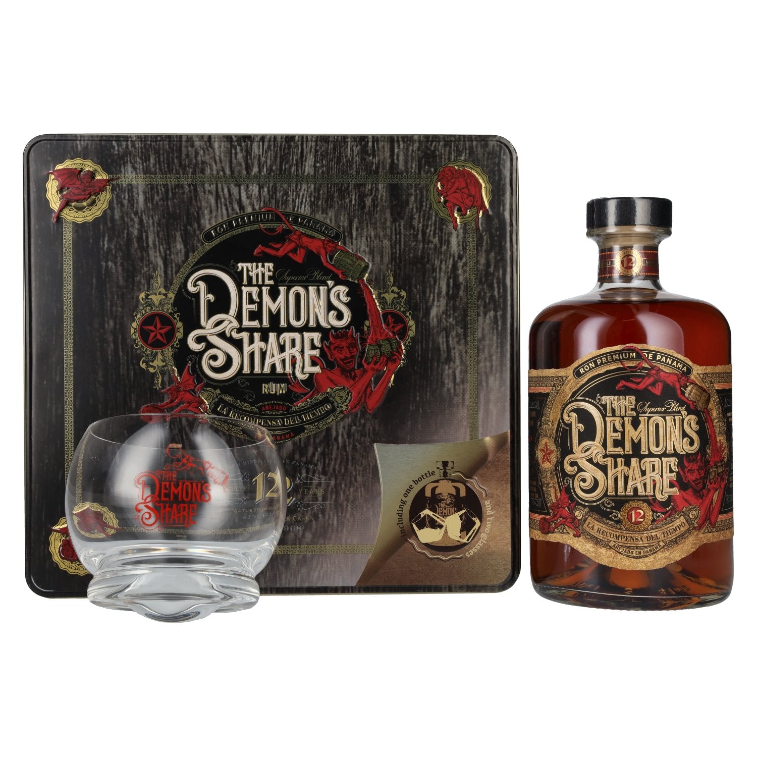 The Demon's Share Superior Blend Rum 12 Years Old 41% Vol. 0,7l in Tinbox with glass