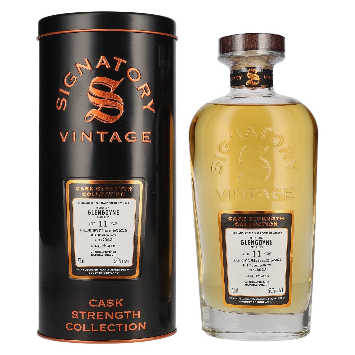Signatory Vintage GLENGOYNE 11 Years Old 1st Fill Bourbon Barrel Cask Strength #700443 2014 55% Vol. 0,7l in Tinbox