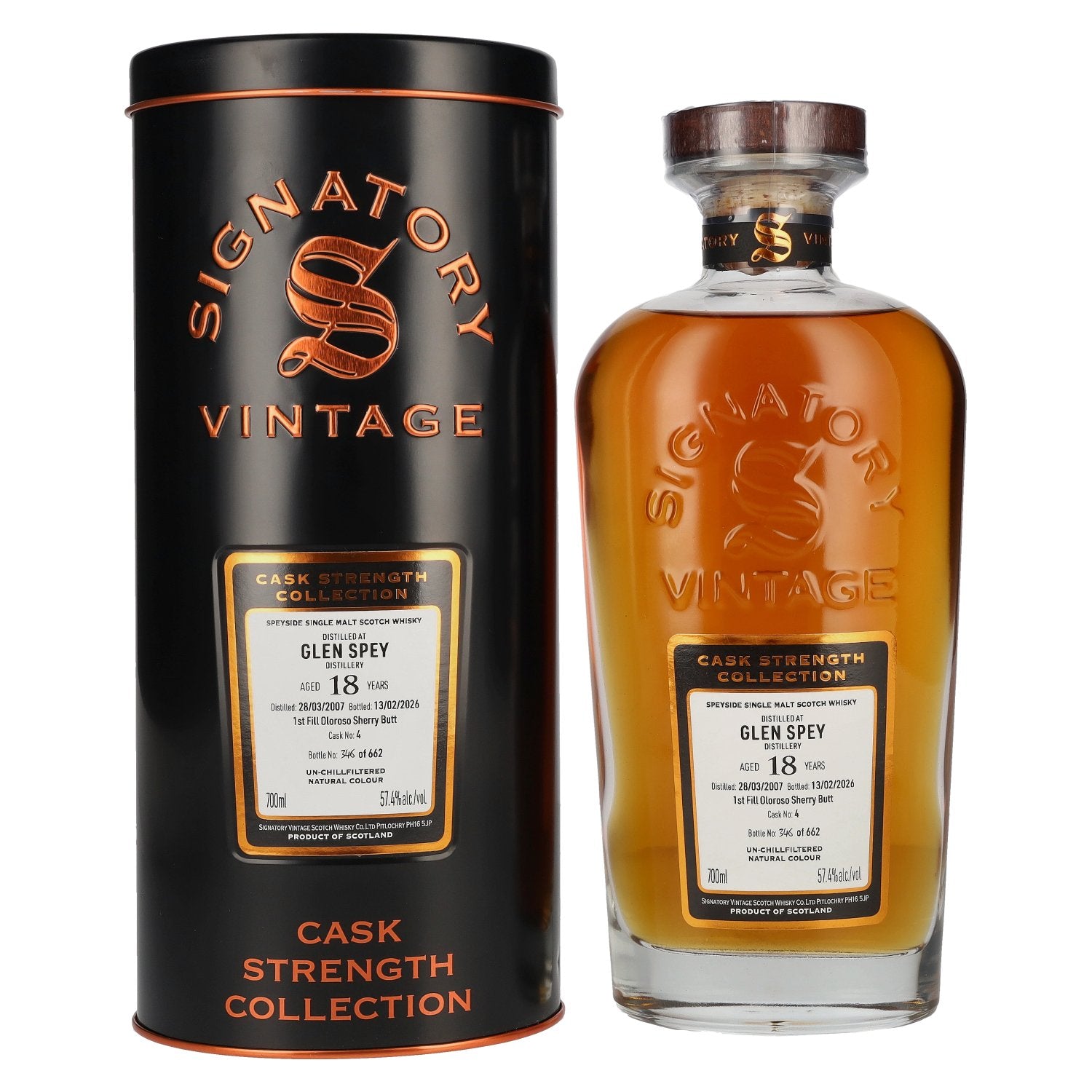 Signatory Vintage GLEN SPEY 18 Years Old 1st Fill Oloroso Cask Strength #4 2007 57,4% Vol. 0,7l in Tinbox