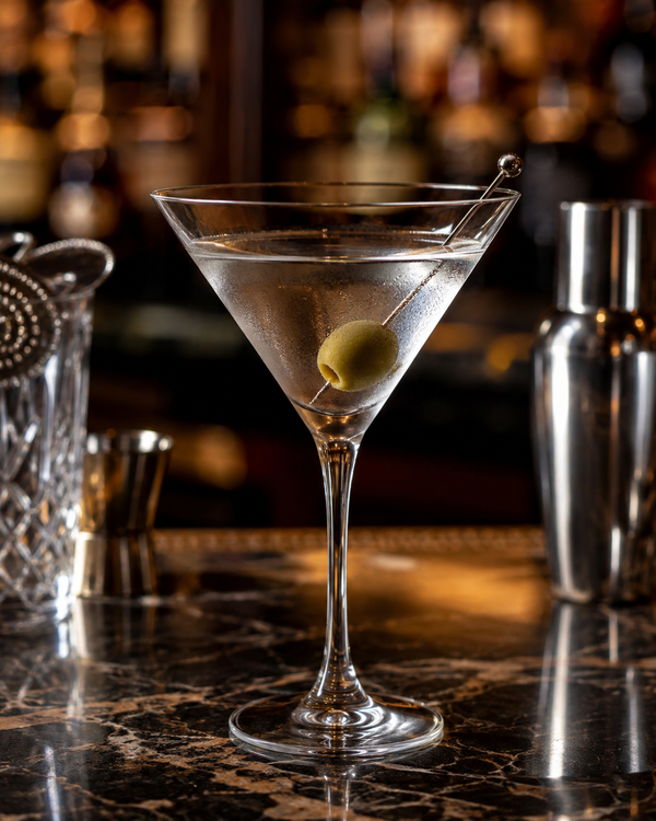Classic Dry Martini in a chilled martini glass with green olive garnish, served on a dark marble bar with elegant warm cocktail lounge lighting.
