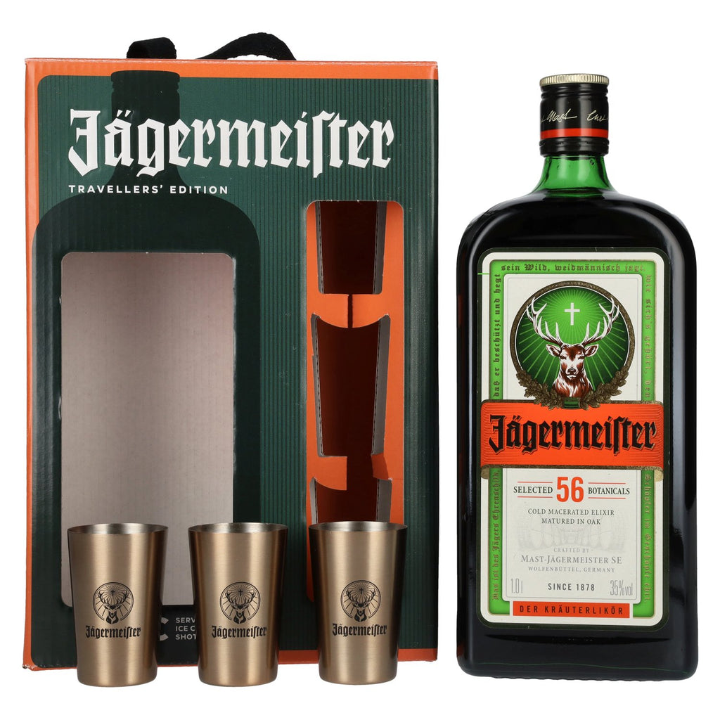 Buy Jaegermeister TRAVELLERS' EXCLUSIVE 35% Vol. 1l in Giftbox with 3 Metal Shot Cups – German Liqueur –