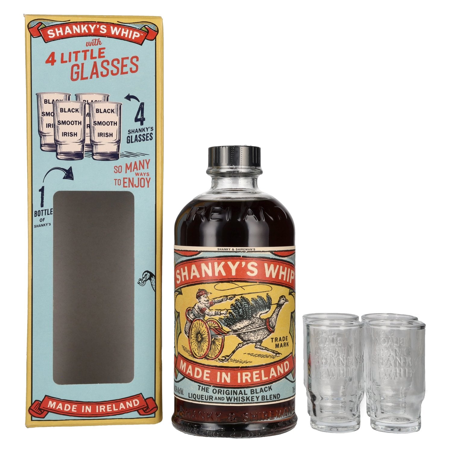 Shanky's Whip The Original Black Liqueur and Whiskey Blend 33% Vol. 0,7l in Giftbox with 4 Shot glasses