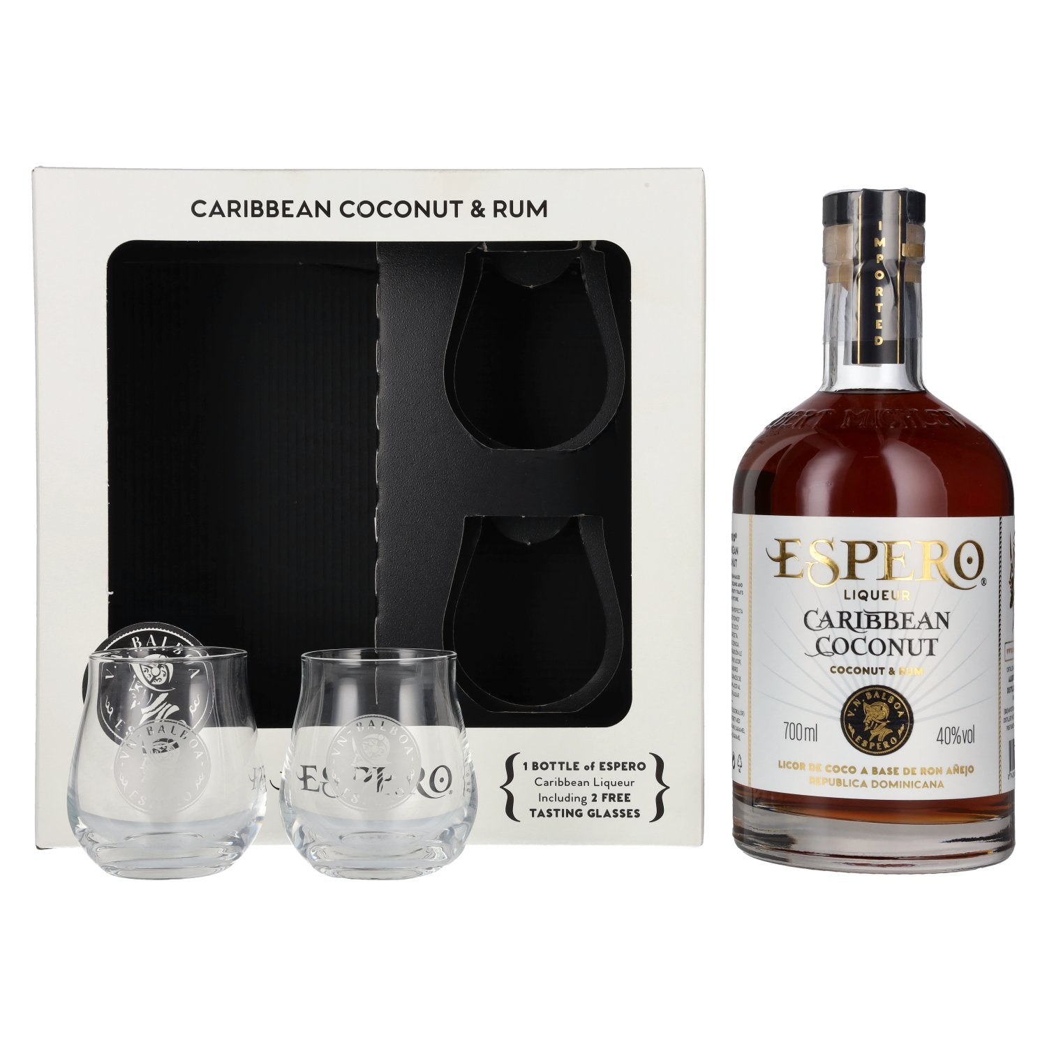 Ron Espero Caribbean Coconut & Rum Liqueur 40% Vol. 0,7l in Giftbox with 2 glasses