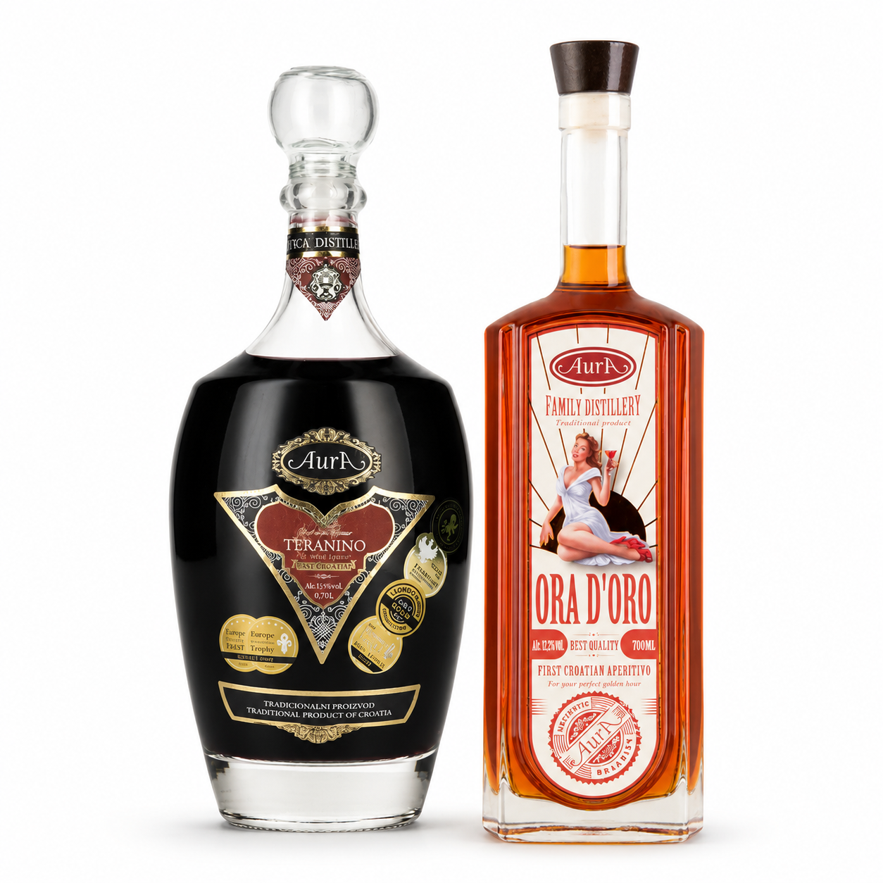 Set of 2-bottle ORA D'ORO Aperitivo 12.3% 0.7L + Teranino Red Wine Liqueur 15.9% Vol. 0.7L