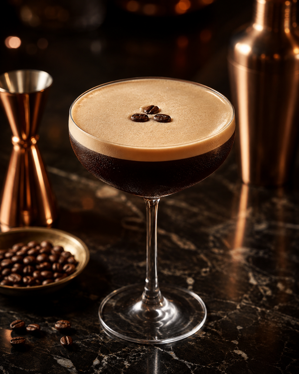 Espresso Martini cocktail in a coupe glass with creamy foam and three coffee beans, served on a dark marble bar with warm golden light and coffee beans around.