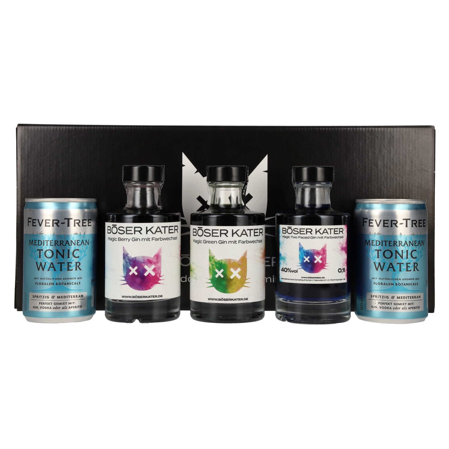 BOESER KATER Farbwechsel Gin Tasting Set 40% Vol. 3x0,1l in Giftbox with 2 Dosen Fever-Tree Mediterranean Tonic Water