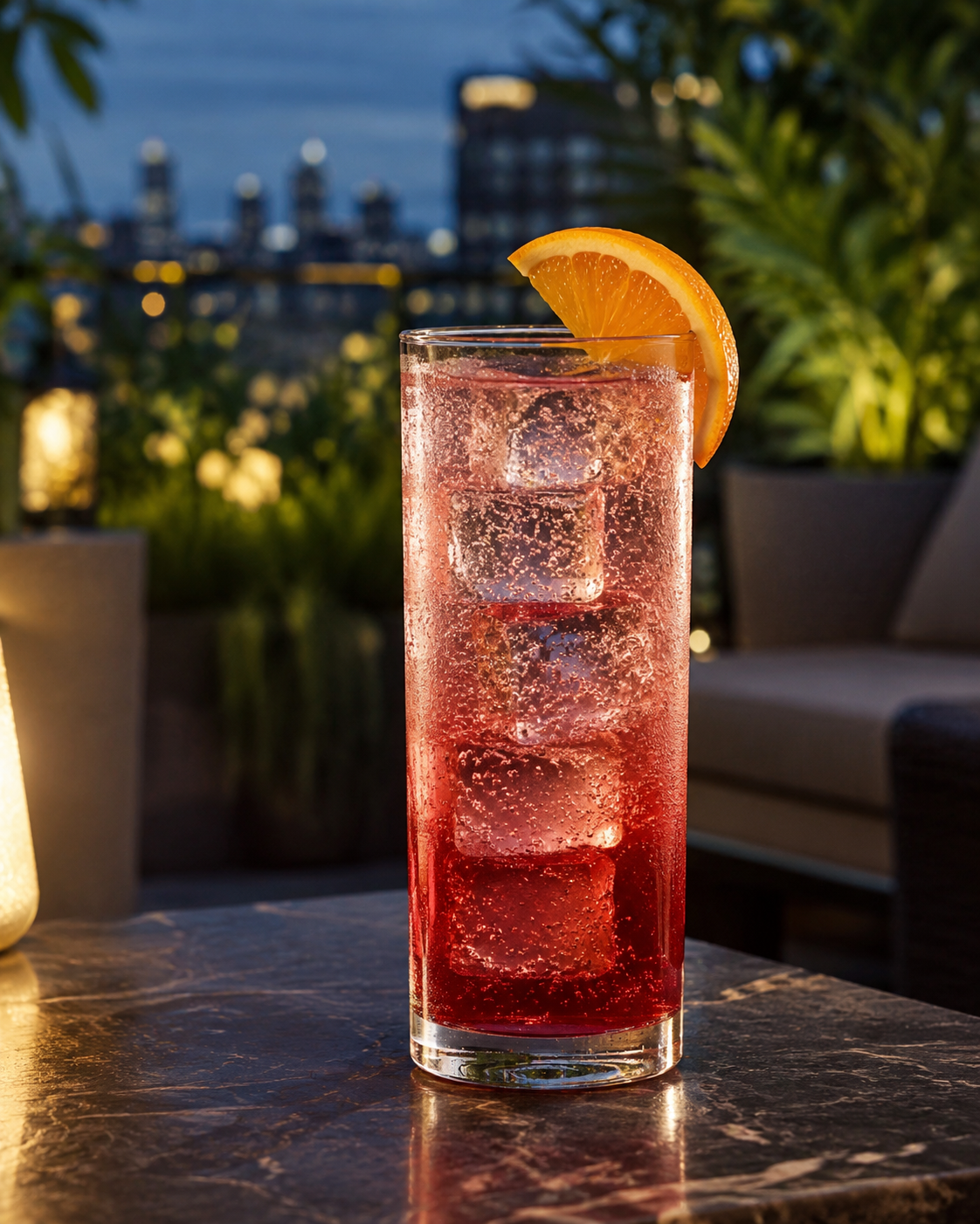Gin Karbun Tonic with Teranino cocktail in a tall glass with ice, tonic bubbles, ruby red liqueur, orange slice garnish, and evening rooftop city background.