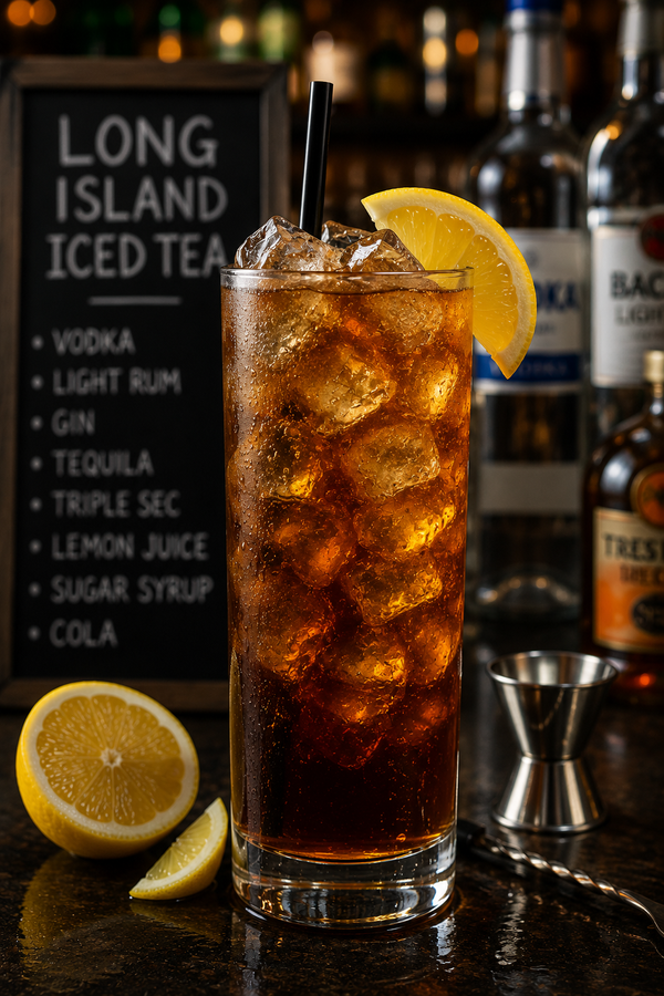 Long Island Iced Tea cocktail with vodka, light rum, gin, tequila, Triple Sec, lemon juice, sugar syrup, cola, ice, and lemon garnish in a tall highball glass.