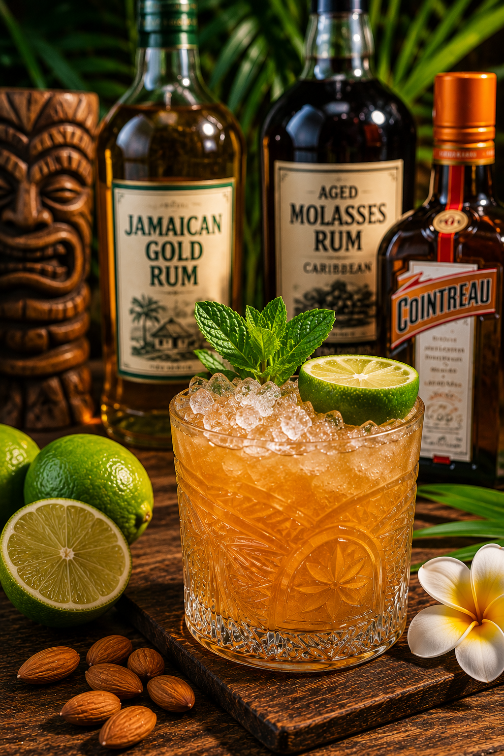 Mai Tai cocktail with golden Jamaican rum, aged molasses rum, orange liqueur, fresh lime juice, orgeat almond syrup, crushed ice, mint, and lime garnish in a tropical tiki bar setting.