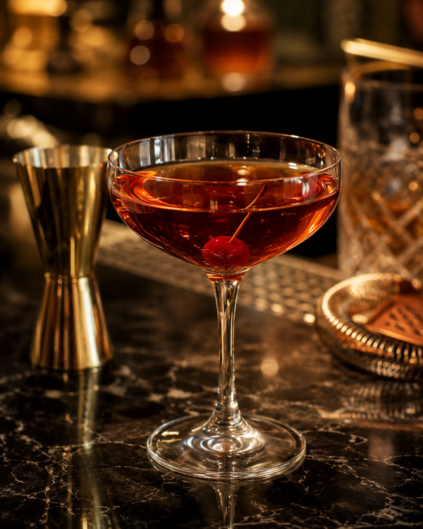 Manhattan cocktail in a coupe glass with maraschino cherry garnish, served on a dark marble bar with warm golden lounge lighting.
